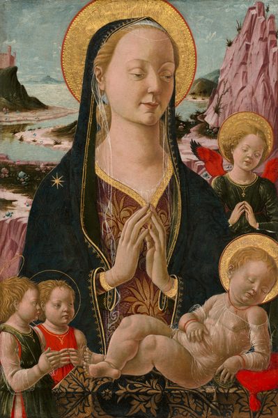 This painting depicts a woman with her hands clasped in prayer, a slight smile on her pale face. She has thin eyebrows, deep-set eyes, and a sloping nose. She wears a dark green shawl draped over her head and shoulders with ornate gold designs around the edge and hints of sheer fabric, and there is a large gold halo behind her head. Below the shawl she wears richly decorated robes with red and gold patterns. In front of her, in the bottom right corner of the painting, is a sleeping child with a golden halo, wrapped in a sheer textile. The child is adorned with a red necklace and red bracelets on each wrist. Near the bottom left corner are two more children with thin golden halos around their heads, one dressed in green and one in red, both with their hands together in front of their chests. To the right of the woman's shoulder is another child, this one in a green dress with bright red wings and a wide golden halo. All of these children have pale skin and blond hair like the woman. In the background, there is a river surrounded by pink mountains, green hills, and a castle-like structure on the left, all under a cloudy blue-gray sky.
