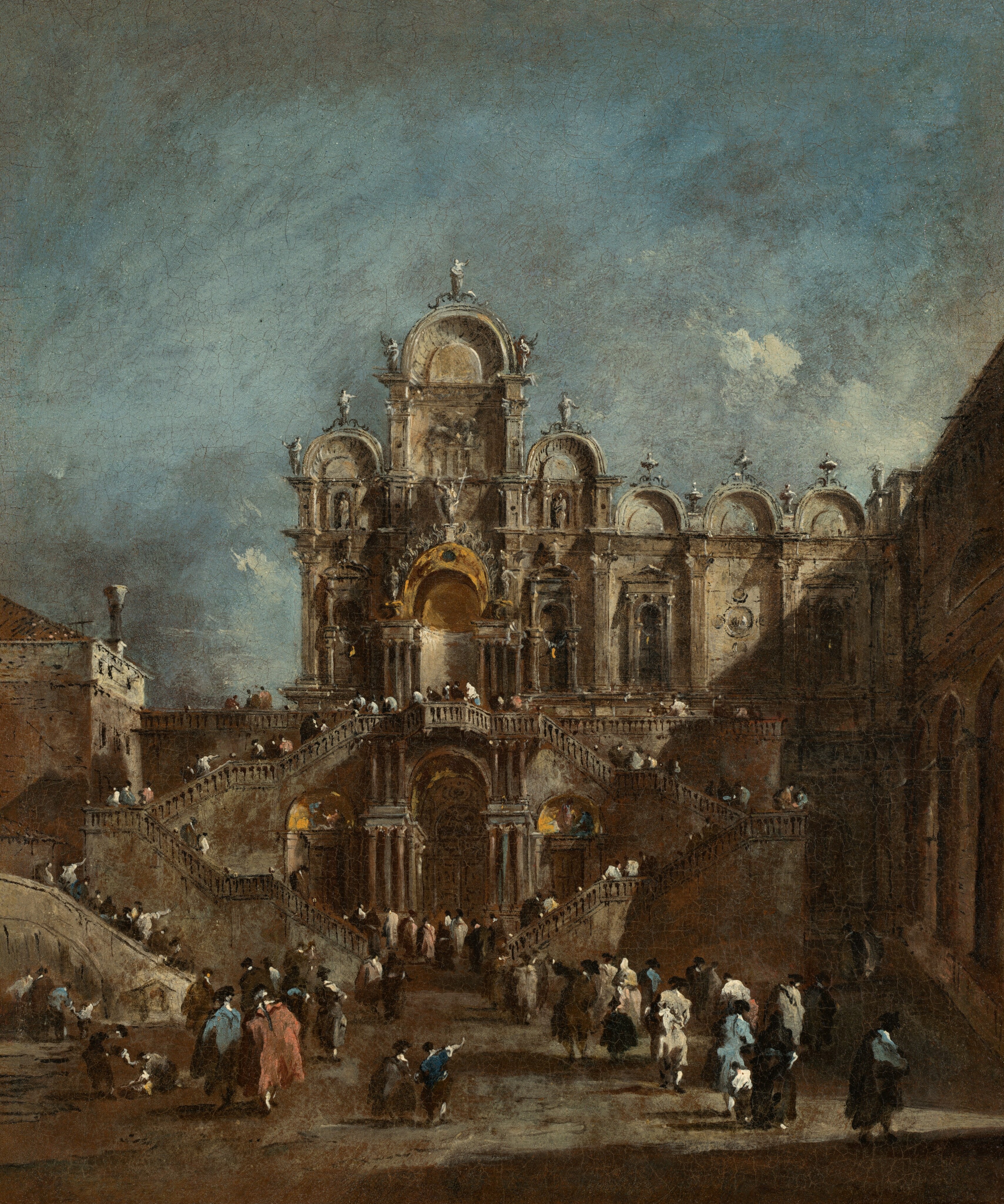 This painting shows a grand building with elaborate arches, columns, statues, and staircases, in front of which is a courtyard filled with people facing away from us. The brushstrokes are detailed, capturing intricate architectural details in a color palette of earthy browns and grays with some gold highlights. The people are dressed in shades of white, black, red, and blue, and many of them wear black hats and long coats. The sky above is blue, with faint gray and white clouds. On the right, a tall wall casts a shadow on the main building and the square below.