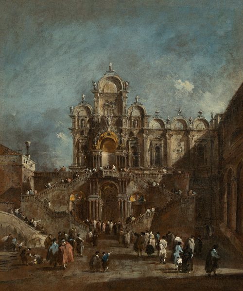 This painting shows a grand building with elaborate arches, columns, statues, and staircases, in front of which is a courtyard filled with people facing away from us. The brushstrokes are detailed, capturing intricate architectural details in a color palette of earthy browns and grays with some gold highlights. The people are dressed in shades of white, black, red, and blue, and many of them wear black hats and long coats. The sky above is blue, with faint gray and white clouds. On the right, a tall wall casts a shadow on the main building and the square below.