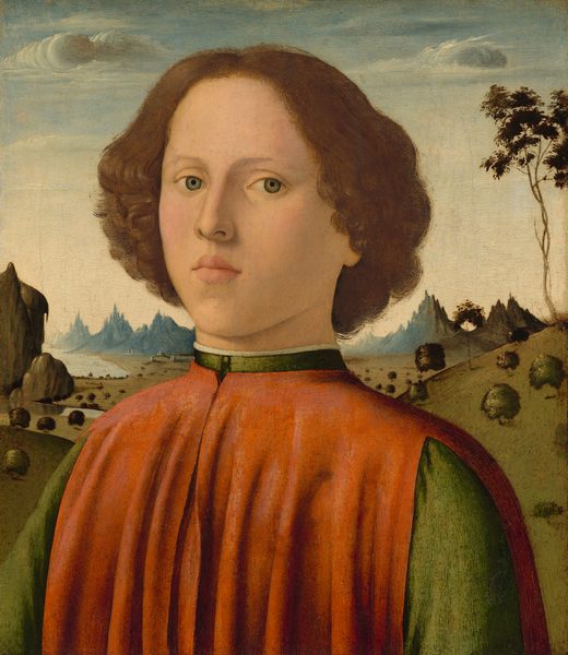 This painting is a portrait of a boy seen from the chest up, facing us with a neutral expression. He has fair skin, light eyebrows, defined, pink lips, and green eyes. His curly hair is brown and falls around his ears. The boy wears a high-collared garment with an olive-green undershirt and a reddish-orange outer vestment. There is a serene landscape in the background with rolling hills, pointed rock formations, scattered trees, bushes, and a blue sky with a few wispy clouds.