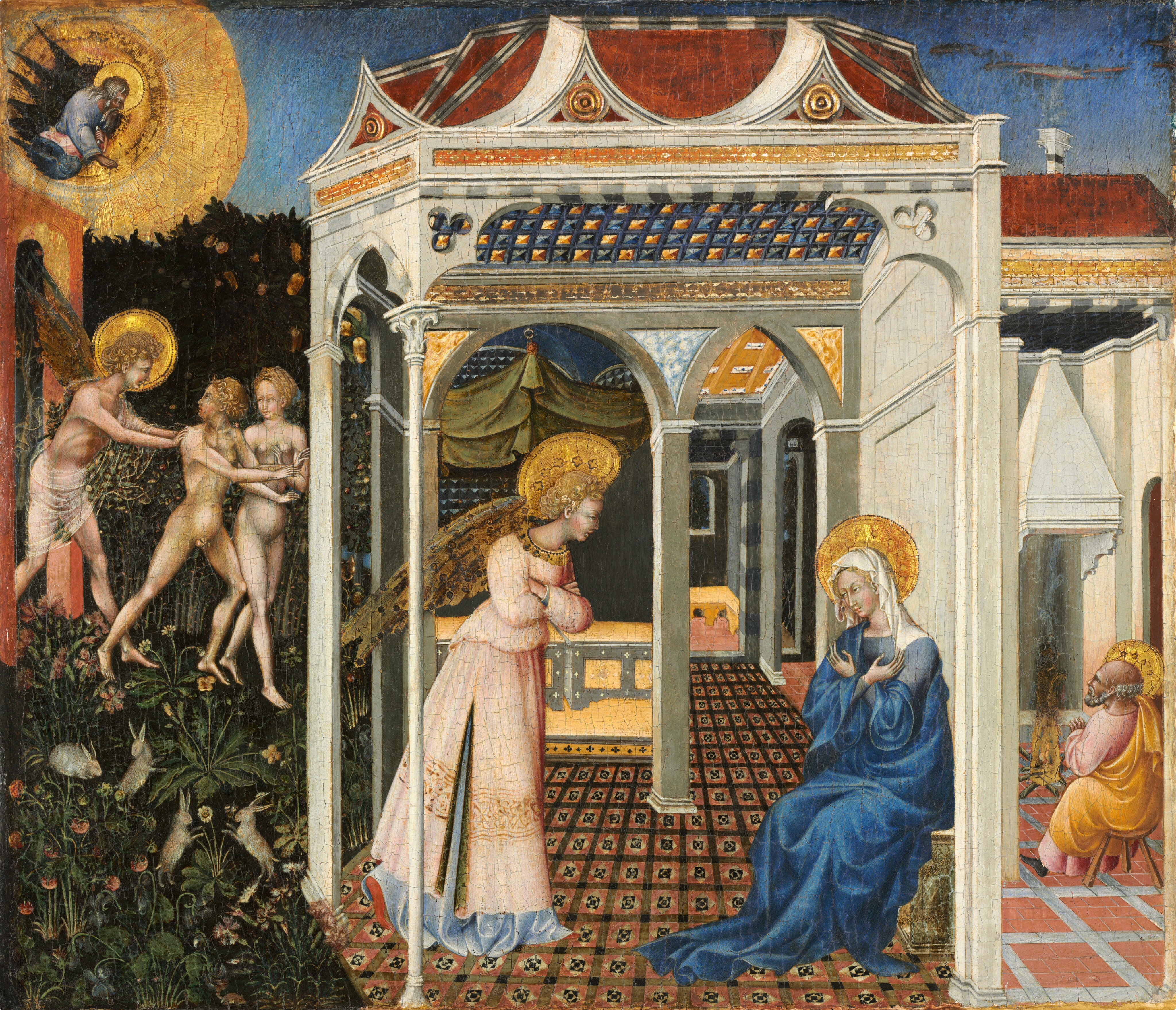 This nearly square painting is visually divided into three vertical zones, with a pergola-like structure occupied by two people at the center taking up the most space, and narrower scenes with more people to either side. All the people have light, peachy skin tinged in some areas with pale green. The central structure has a shallow roof and several types of arched openings—some rounded and some pointed, all of different sizes. A winged angel to the left under the structure has curly blond hair and wears a shell-pink, floor-length robe. A seated woman to our right wears a lapis-blue dress and a white head covering. She sits with her forearms crossed over her chest, her hands in front of her shoulders. Both have plate-like, gold halos. Two arched openings at the back of the structure lead into rooms beyond. In the left quarter of the painting, a nude man and woman are pushed through an arched gateway by a winged angel with a gold halo. A bearded, haloed man looks down from a gold cloud above. Forest-green trees line the garden at the back and flowers and rabbits fill the space around the people’s feet. To our right, a balding, bearded man warms his hands at a fire in a room beyond the central structure. He wears rose pink and has a gold halo.