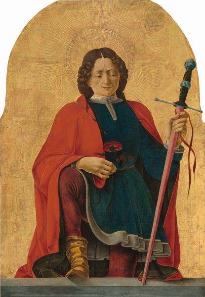 This painting shows a person who faces us, holding a long red sword in their left hand and a red flower with green leaves in their right hand. They appear to be standing, with their right leg bent, resting on top of a gray ledge. They have pale skin and curly, shoulder-length brown hair, arched eyebrows, a cleft chin, and thin lips in a slight smile. They are wearing a dark blue-green tunic with a high white collar underneath a long red cloak, burgundy tights, and tan boots. The arched background is a rich gold color with a halo-like design around the person's head.