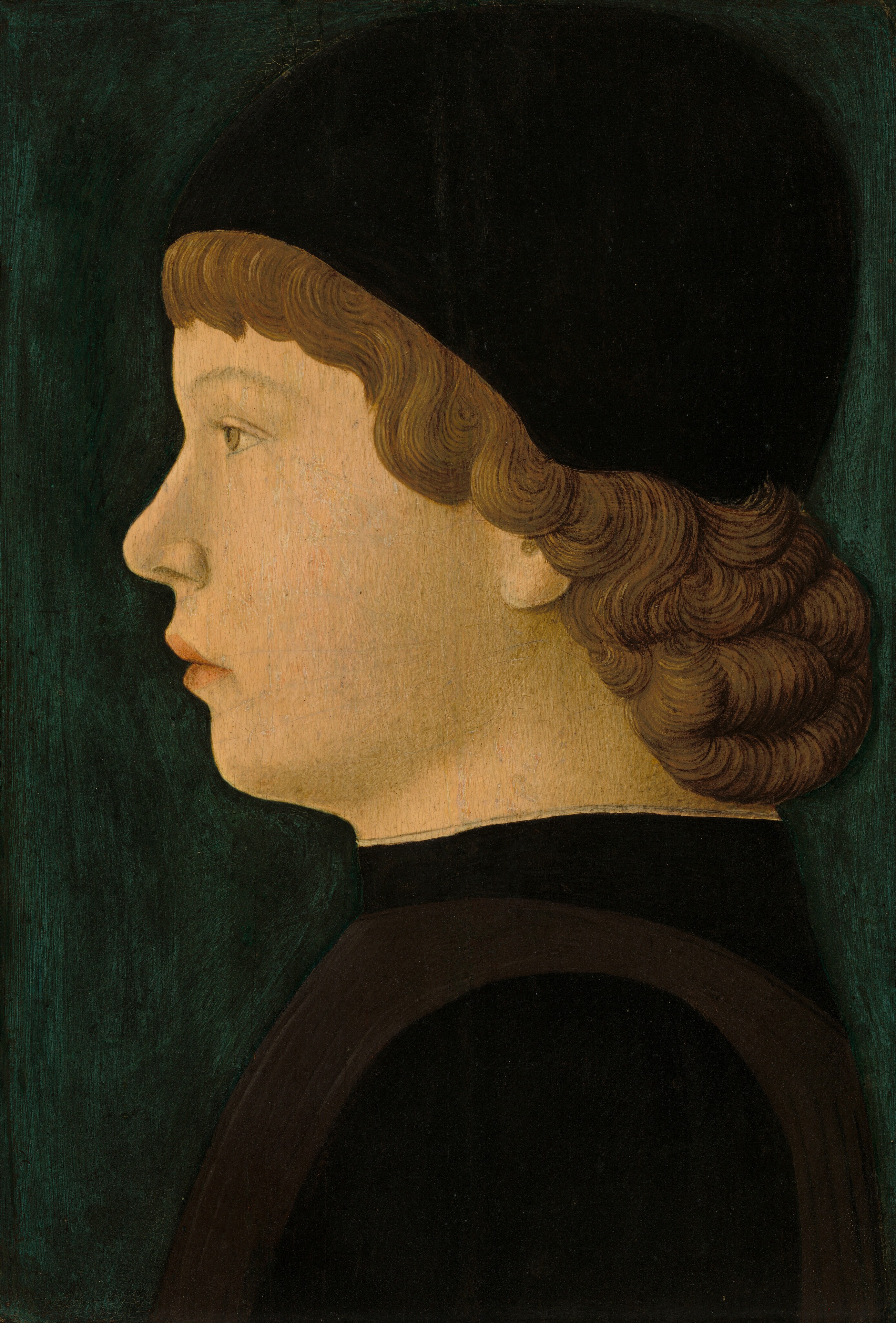 This painting shows a close-up of a child's face and upper shoulders in profile view. The child is facing the left. They have pale skin, a small nose, faint eyebrows, and pink lips set in a neutral expression. They possess short, light brown hair that forms soft curls around their ear and nape. The child is wearing a black cap that fits snugly over their head, with matching black attire visible around the neck and shoulders. The background is a flat, dark green color.