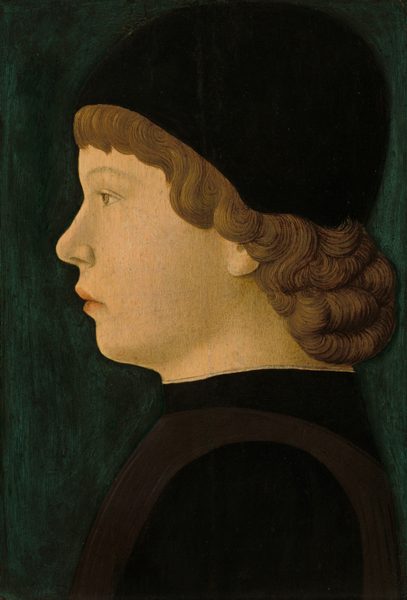 This painting shows a close-up of a child's face and upper shoulders in profile view. The child is facing the left. They have pale skin, a small nose, faint eyebrows, and pink lips set in a neutral expression. They possess short, light brown hair that forms soft curls around their ear and nape. The child is wearing a black cap that fits snugly over their head, with matching black attire visible around the neck and shoulders. The background is a flat, dark green color.