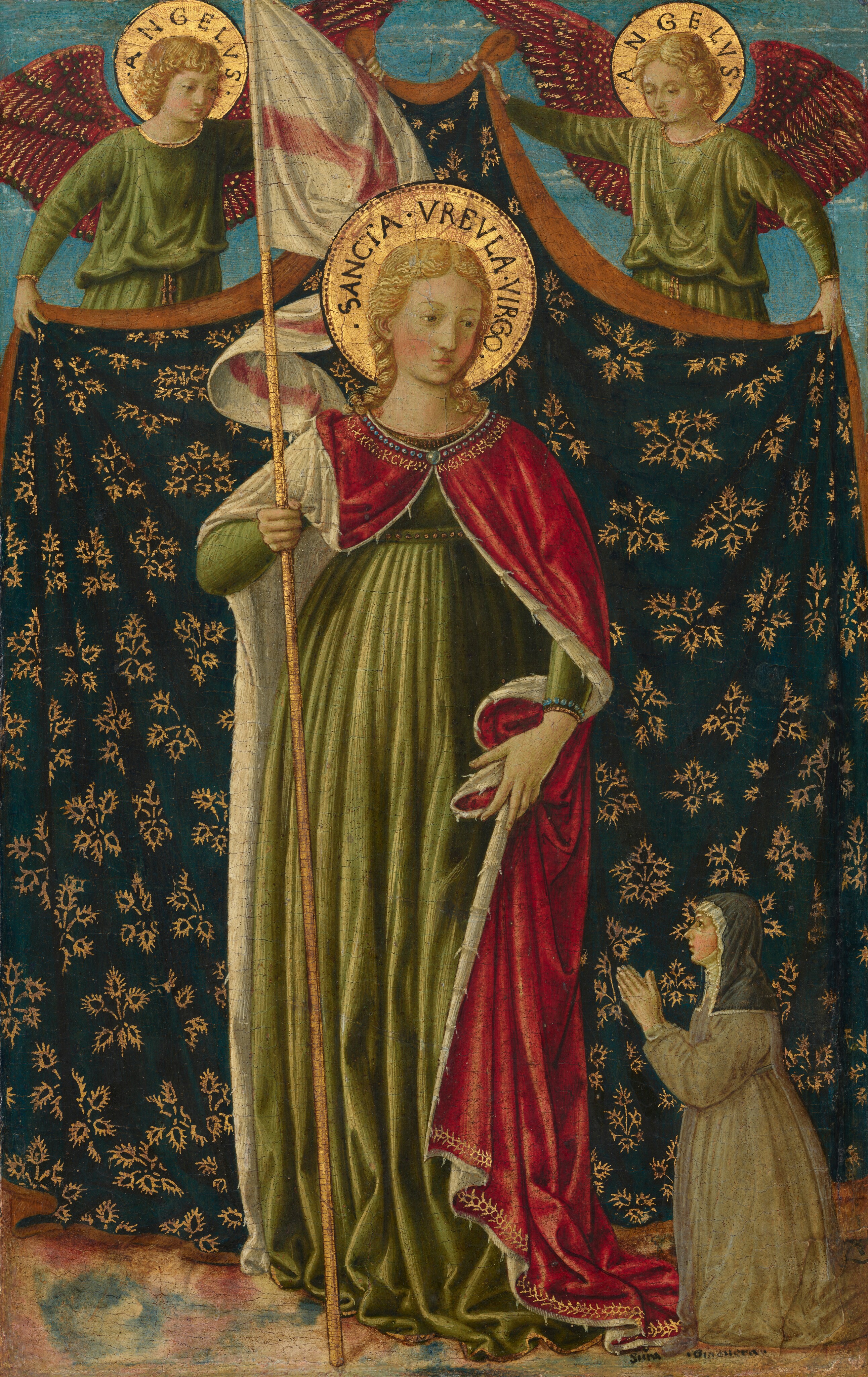 A person holding a flag, Saint Ursula, stands in front of a cloth held up by two winged angels as a fourth person, much smaller in scale, kneels in the lower right corner in this vertical painting. All the people have pale skin. Saint Ursula and the angels have blond hair, rosy cheeks, delicate features, flat gold halos, and they wear leaf-green garments. Saint Ursula stands with her body facing us but she turns to look off to our right and slightly down. A raspberry-red cloak lined with white, perhaps fur, is draped across her shoulders. She holds a bunch of that fabric with her left hand, to our right, and holds the staff with a white standard marked with a red cross with her other. Text around her halo reads, “SANCTA VREVLA VIRGO.” The angels above have red wings and the word “ANGELVS” appears in each halo. The fabric they hold up is forest-green decorated with gold, foliate designs, and the space behind them is lined with thin white clouds against a vivid blue sky. Near the lower right corner of the composition, a person about a half the size of Saint Ursula kneels and wears a dark gray head covering, white cloth covering her chin and neck, and a grayish-brown robe. She faces our left in profile and presses her hands together in prayer. The floor below is loosely swirled with light brown, pink, and blue. Text painted in tiny black letters near the kneeling woman reads, “Suora Ginevera.”