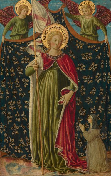 A person holding a flag, Saint Ursula, stands in front of a cloth held up by two winged angels as a fourth person, much smaller in scale, kneels in the lower right corner in this vertical painting. All the people have pale skin. Saint Ursula and the angels have blond hair, rosy cheeks, delicate features, flat gold halos, and they wear leaf-green garments. Saint Ursula stands with her body facing us but she turns to look off to our right and slightly down. A raspberry-red cloak lined with white, perhaps fur, is draped across her shoulders. She holds a bunch of that fabric with her left hand, to our right, and holds the staff with a white standard marked with a red cross with her other. Text around her halo reads, “SANCTA VREVLA VIRGO.” The angels above have red wings and the word “ANGELVS” appears in each halo. The fabric they hold up is forest-green decorated with gold, foliate designs, and the space behind them is lined with thin white clouds against a vivid blue sky. Near the lower right corner of the composition, a person about a half the size of Saint Ursula kneels and wears a dark gray head covering, white cloth covering her chin and neck, and a grayish-brown robe. She faces our left in profile and presses her hands together in prayer. The floor below is loosely swirled with light brown, pink, and blue. Text painted in tiny black letters near the kneeling woman reads, “Suora Ginevera.”