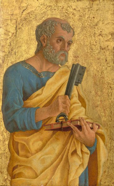 This painting depicts an elderly man with light skin, gray curly hair, and a gray beard, who looks off to the right. He wears a blue garment with a gold border around the neckline and a yellow cloth draped over it. In his right hand, he holds two large, gray keys, and in his left arm, he holds a book with a reddish cover. The background is a textured gold color.