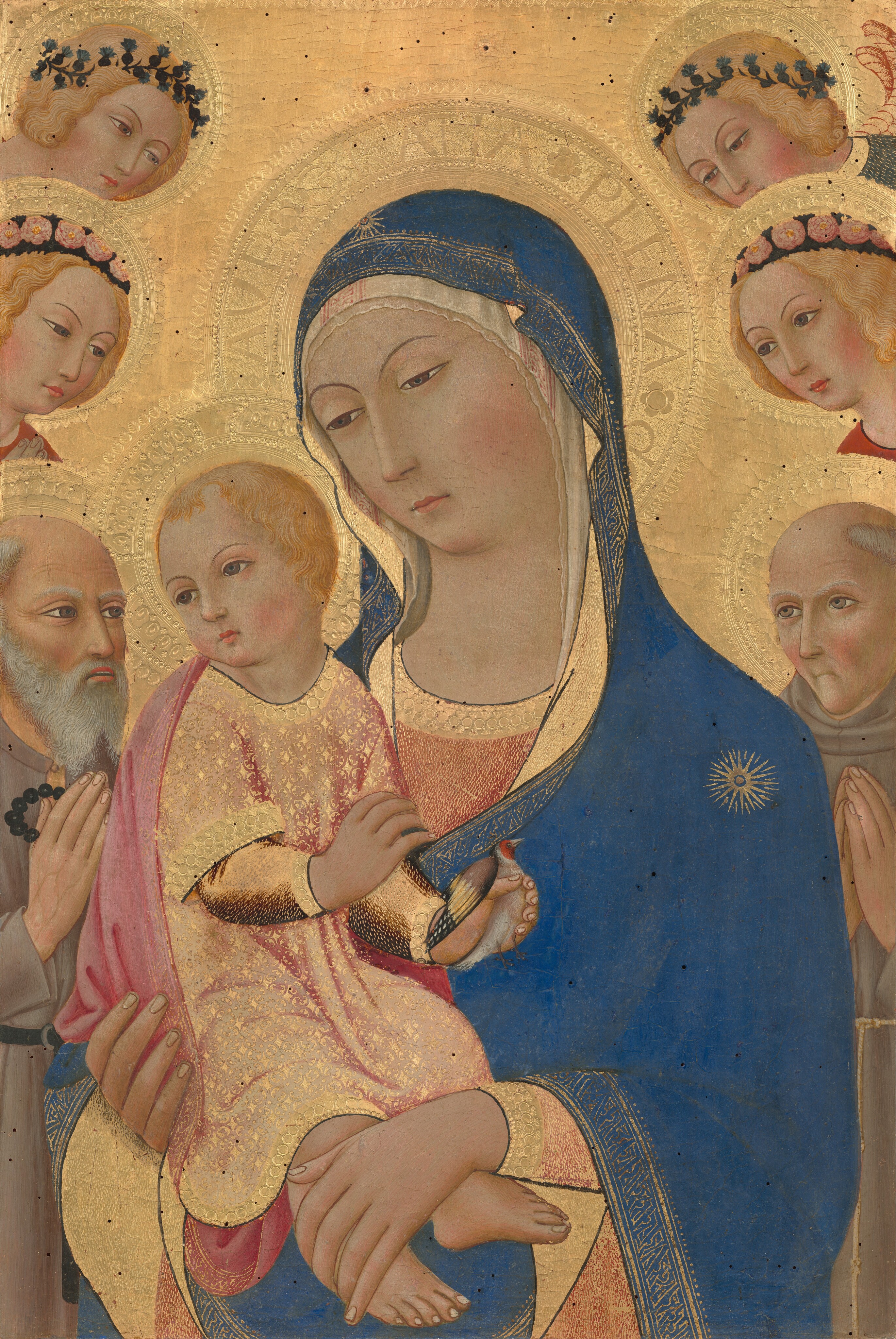 Shown from the waist up, a woman and the baby she holds are surrounded by two gray-haired men and four blond angels in this vertical painting. They all have pale skin, gold halos, and brown or gray eyes. At the center of the painting, the woman, Mary, has almond-shaped eyes under thin, arched brows, a long nose, a small, coral-pink mouth, and a narrow chin. Her hair is covered by a long, off-white veil and a cobalt-blue mantle that drapes over her head and around her body. The neckline and cuffs of her rust-orange and gold robe peek out from under the mantle, which is bordered with a delicate gold pattern with a gold star on her left shoulder. The child, Jesus sits upright on Mary’s right arm, on our left, and that hand supports his bottom. Her other hand lies over his bare feet. Jesus’s body is turned toward Mary, but his head is turned back to look to our left. He wears a long, gold and dusty-rose robe over a garment with bronze-colored sleeves. A petal-pink mantle is draped across his back and tucked under his bottom. Jesus touches Mary’s mantle near the neckline with one hand and holds a bird in the other hand. The bird is a little larger than his hand and has a strawberry-red face, light gray body, and brown, gold, and black wings. The people on either side of Mary and Jesus are stacked vertically and turn inward to gaze at the central pair. In the lower left, a balding man with a long gray beard holds his hands in prayer while clutching a rosary made with black beads. In the lower right, a cleanshaven man with his gray hair cut in a tonsure also stands with hands in prayer. Two blond angels lean into the painting from each side. They all have blond hair, small, dark pink mouths, and they wear wreaths of pink roses or green leaves. They are all set against a gold background. Tiny, round holes across the surface pierce through at least the top layer.