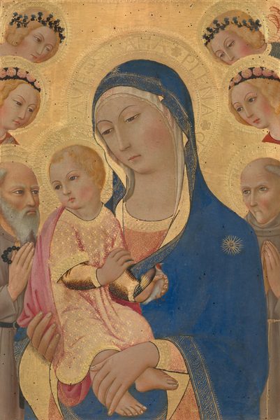 Shown from the waist up, a woman and the baby she holds are surrounded by two gray-haired men and four blond angels in this vertical painting. They all have pale skin, gold halos, and brown or gray eyes. At the center of the painting, the woman, Mary, has almond-shaped eyes under thin, arched brows, a long nose, a small, coral-pink mouth, and a narrow chin. Her hair is covered by a long, off-white veil and a cobalt-blue mantle that drapes over her head and around her body. The neckline and cuffs of her rust-orange and gold robe peek out from under the mantle, which is bordered with a delicate gold pattern with a gold star on her left shoulder. The child, Jesus sits upright on Mary’s right arm, on our left, and that hand supports his bottom. Her other hand lies over his bare feet. Jesus’s body is turned toward Mary, but his head is turned back to look to our left. He wears a long, gold and dusty-rose robe over a garment with bronze-colored sleeves. A petal-pink mantle is draped across his back and tucked under his bottom. Jesus touches Mary’s mantle near the neckline with one hand and holds a bird in the other hand. The bird is a little larger than his hand and has a strawberry-red face, light gray body, and brown, gold, and black wings. The people on either side of Mary and Jesus are stacked vertically and turn inward to gaze at the central pair. In the lower left, a balding man with a long gray beard holds his hands in prayer while clutching a rosary made with black beads. In the lower right, a cleanshaven man with his gray hair cut in a tonsure also stands with hands in prayer. Two blond angels lean into the painting from each side. They all have blond hair, small, dark pink mouths, and they wear wreaths of pink roses or green leaves. They are all set against a gold background. Tiny, round holes across the surface pierce through at least the top layer.