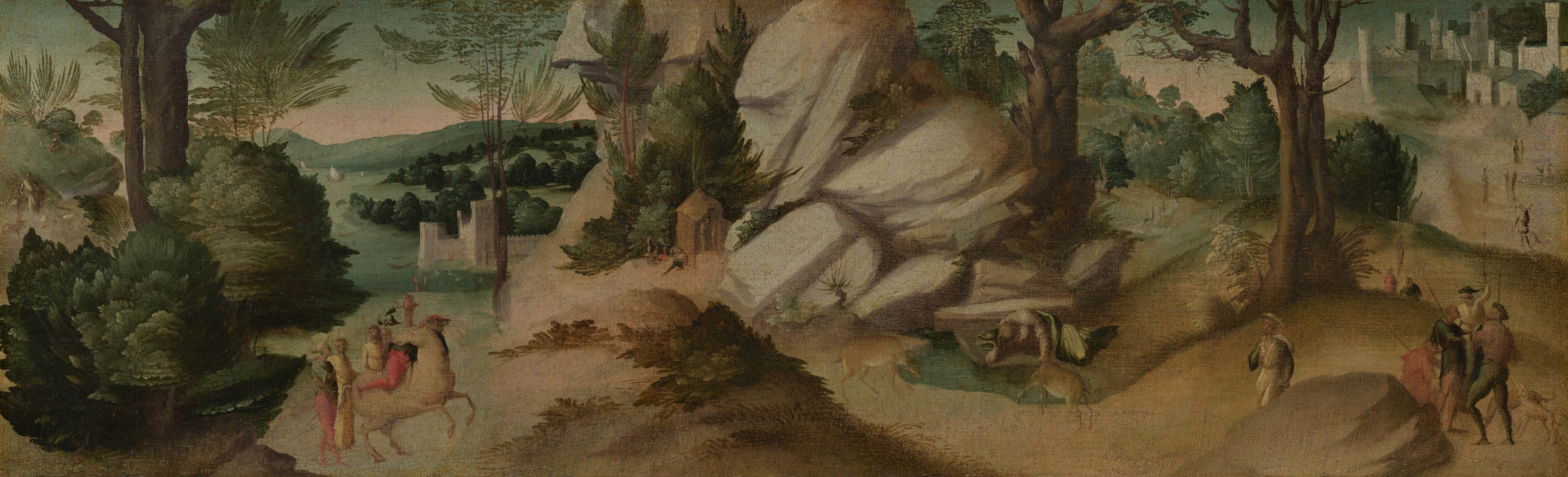 This painting depicts a long, horizontal landscape viewed from an elevated angle. On the left, by a group of green trees and bushes, several people stand around one person who is on the back of a white horse. They wear garments in shades of light red, dark green, and pale yellow. In the distance behind them, a gray castle is visible, and farther away boats sail across green water near tree-covered hills. In the center of the painting is a collection of massive gray rocks. A small yellow tent is at the bottom of the rocks, with a group of small people sitting or standing around it. To the right of them, two deer drink from a small blue pool while a person in a gray shirt rests nearby, wrapped in a green cloth. On the right side of the painting, people walk down a long path that ends in a large gray castle or city in the top right corner. Some of the people hold long poles or weapons. The color palette is mostly earthy browns and greens, with dark green trees filling much of the background. The sky is visible in the left and right sections of the painting; it is a greenish blue near the top that fades into a light pink when it meets the distant green hills.