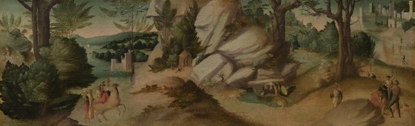 This painting depicts a long, horizontal landscape viewed from an elevated angle. On the left, by a group of green trees and bushes, several people stand around one person who is on the back of a white horse. They wear garments in shades of light red, dark green, and pale yellow. In the distance behind them, a gray castle is visible, and farther away boats sail across green water near tree-covered hills. In the center of the painting is a collection of massive gray rocks. A small yellow tent is at the bottom of the rocks, with a group of small people sitting or standing around it. To the right of them, two deer drink from a small blue pool while a person in a gray shirt rests nearby, wrapped in a green cloth. On the right side of the painting, people walk down a long path that ends in a large gray castle or city in the top right corner. Some of the people hold long poles or weapons. The color palette is mostly earthy browns and greens, with dark green trees filling much of the background. The sky is visible in the left and right sections of the painting; it is a greenish blue near the top that fades into a light pink when it meets the distant green hills.