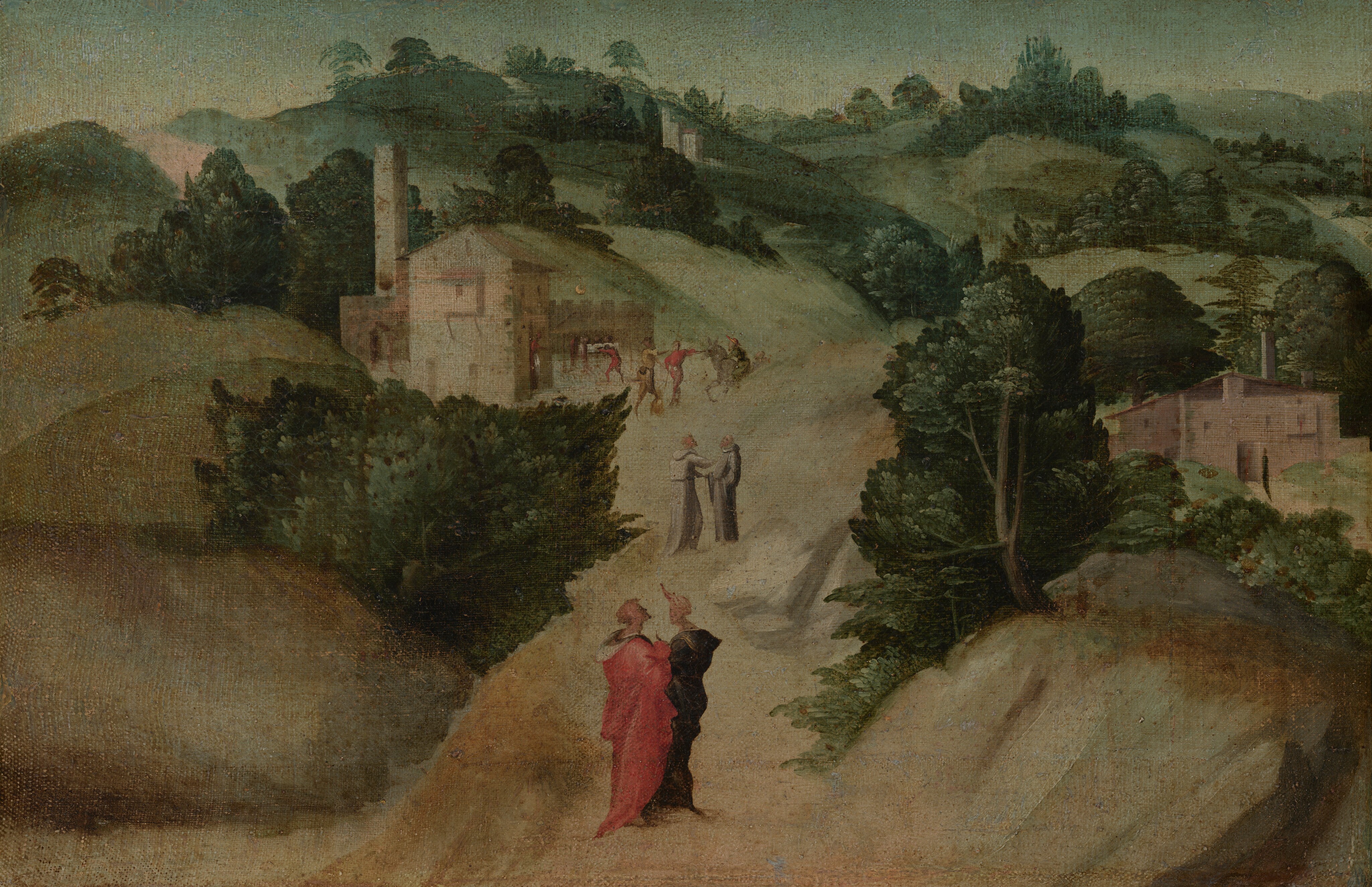 Two pairs of people and a group line a rocky path that stretches away from us in this hilly, horizontal landscape painting. We look slightly down on the path as it travels steeply from the bottom center of the canvas to about the center of the composition. Dark trees and bushes are tucked on top of and between knolls and mounds rising to each side of the path. A pink-stone building with a crenelated walled area and a tower is to the left of center, and a second building is tucked in a shallow valley to the right. The hills pile up as they reach the horizon, which comes almost to the top of the composition. The narrow strip of sky above is muted aqua-blue. The pair of people nearest to us stand close to and facing each other, perhaps holding hands. They both have pale skin and wear voluminous robes. The person on the left has short blond hair and wears cardinal red. The companion wears a black cloak and may wear a turban, but details around the faces and heads of this pair are difficult to make out. A short distance farther along the path is a pair of men wearing gray, hooded monks’ robes. They also have pale skin. The person on the left appears to be cleanshaven and blond, and the man on the right has a beard. The man on the left reaches for the other man’s arm or shoulder, and they face each other. Tiny in scale within the composition, four people by the building with the tower may have pale or brown skin, and they wear clothing painted in tan, pale yellow, and soft red. Two stand facing each other, and one appears to hold a staff. They both gesture or point to a man riding a donkey to our right. Another man hunches over, perhaps pushing or pulling something, close to the building, and a fifth person peeks out an open door there.