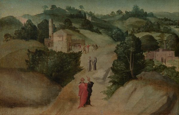 Two pairs of people and a group line a rocky path that stretches away from us in this hilly, horizontal landscape painting. We look slightly down on the path as it travels steeply from the bottom center of the canvas to about the center of the composition. Dark trees and bushes are tucked on top of and between knolls and mounds rising to each side of the path. A pink-stone building with a crenelated walled area and a tower is to the left of center, and a second building is tucked in a shallow valley to the right. The hills pile up as they reach the horizon, which comes almost to the top of the composition. The narrow strip of sky above is muted aqua-blue. The pair of people nearest to us stand close to and facing each other, perhaps holding hands. They both have pale skin and wear voluminous robes. The person on the left has short blond hair and wears cardinal red. The companion wears a black cloak and may wear a turban, but details around the faces and heads of this pair are difficult to make out. A short distance farther along the path is a pair of men wearing gray, hooded monks’ robes. They also have pale skin. The person on the left appears to be cleanshaven and blond, and the man on the right has a beard. The man on the left reaches for the other man’s arm or shoulder, and they face each other. Tiny in scale within the composition, four people by the building with the tower may have pale or brown skin, and they wear clothing painted in tan, pale yellow, and soft red. Two stand facing each other, and one appears to hold a staff. They both gesture or point to a man riding a donkey to our right. Another man hunches over, perhaps pushing or pulling something, close to the building, and a fifth person peeks out an open door there.