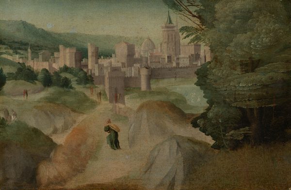 A person walks across a rocky path with a fortified, wall-enclosed town in the distance in this horizontal painting. The person wears a dark green robe and pink hood or cap, carries a yellow sack slung over one shoulder, and uses a walking stick. Boulders surge to either side of the path, and leafy green trees grow up the right side of the composition. Several swans float on a lake just beyond the trees. Painted in shades of gray, a person rides a camel just beyond a boulder to the left. Other forms painted with thin strokes of red or black could be people walking through the landscape in the distance. A city gate, the walls, and some of the buildings have crenelations. Trees nestle between hills that roll back to hazy, sage-green mountains along the horizon, which almost reaches the top edge of the painting. The sky above is muted blue.