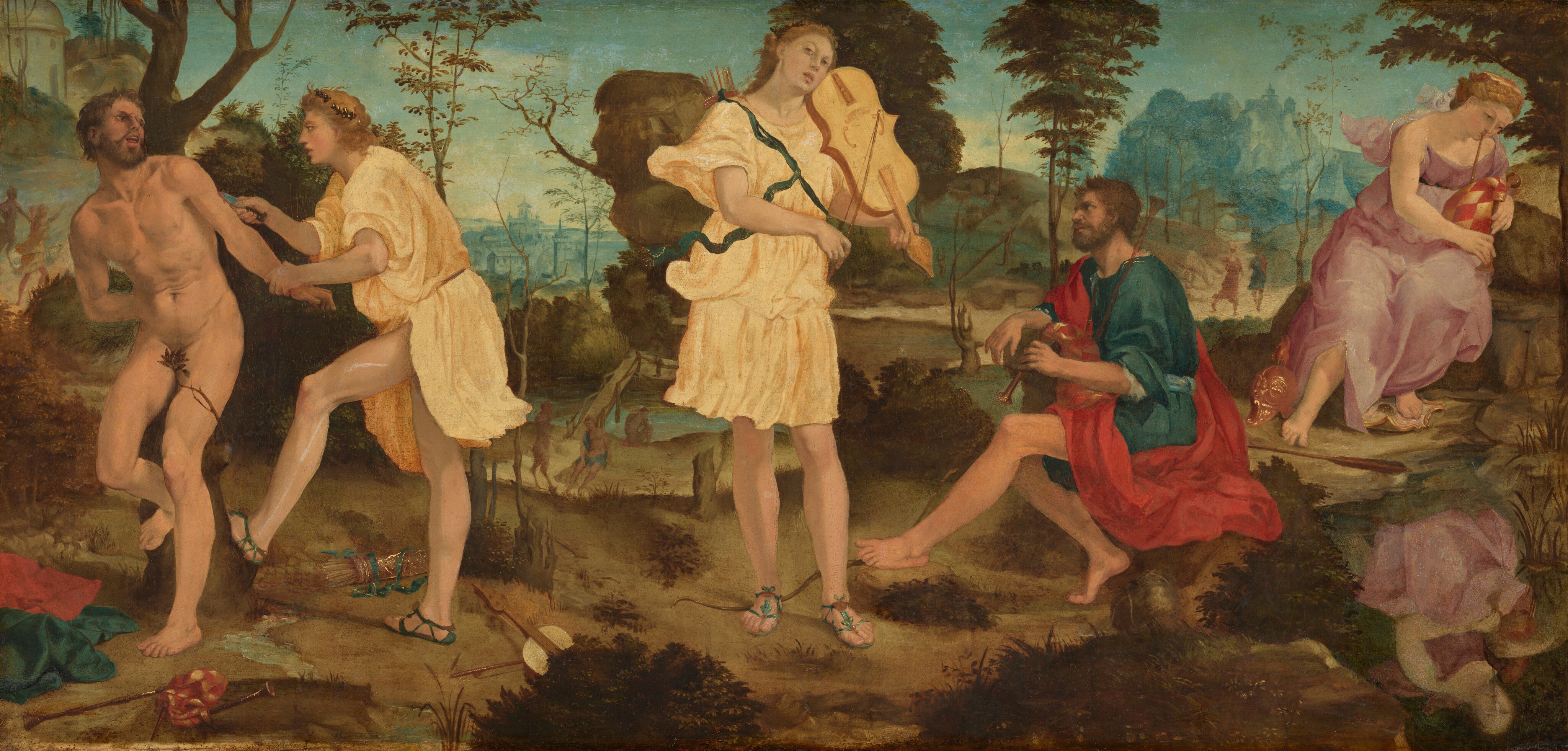 A young person with dark blond hair, wearing a knee-length, pale yellow toga, stands playing a violin-like instrument at the center of this long, horizontal landscape painting. A pair of people are to the left and another pair to the right. Most of the people have pale skin, and two of the men have slightly darker, tanned complexions. The person at the center, Apollo, nearly spans the height of the painting. He tips his head back and to our right, toward the instrument on his shoulder, and he looks at us with dark eyes, lips parted. With his other hand, he holds a bow to the instrument’s strings. A dark green wreath of leaves encircles his long hair, and a quiver of arrows is tied with a pine-green ribbon across his chest. His legs are bare, and he wears sandals. An archer’s bow lies on the dirt ground behind his feet. To our right, a man with a dark beard and hair, Marsyas, sits on a rock playing a bagpipe. He faces our left in profile, looking up at Apollo, and he wears a red robe over a royal-blue tunic. Behind him and to our right, near the edge of the panel, a blond woman wearing a rose-pink dress also plays a bagpipe as she looks down onto her reflection in a pool below, in the lower right corner of the composition. Her left foot rests on a white and gold shield, and a golden helmet sits next to her other foot. Marsyas and Apollo appear again as a pair to our left. Marsyas is now nude and tied to a tree, his body facing us, near the left edge of the panel. His mouth is open and he looks toward Apollo, who approaches from our right. Apollo grabs Marsyas’s left wrist, on our right, and holds a knife to the nude man’s upper arm. The set of bagpipes, the quiver of arrows, Marsyas’s clothing, and Apollo’s instrument are strewn on the ground around the men’s feet. The scenes take place in a rocky landscape with dark green shrubs along the bottom edge of the composition and behind the people. A river runs across the land beyond, and people walk along dirt roads in the distance. Trees, craggy cliffs, and a town in the deep distance are painted with icy blue under a blue sky.