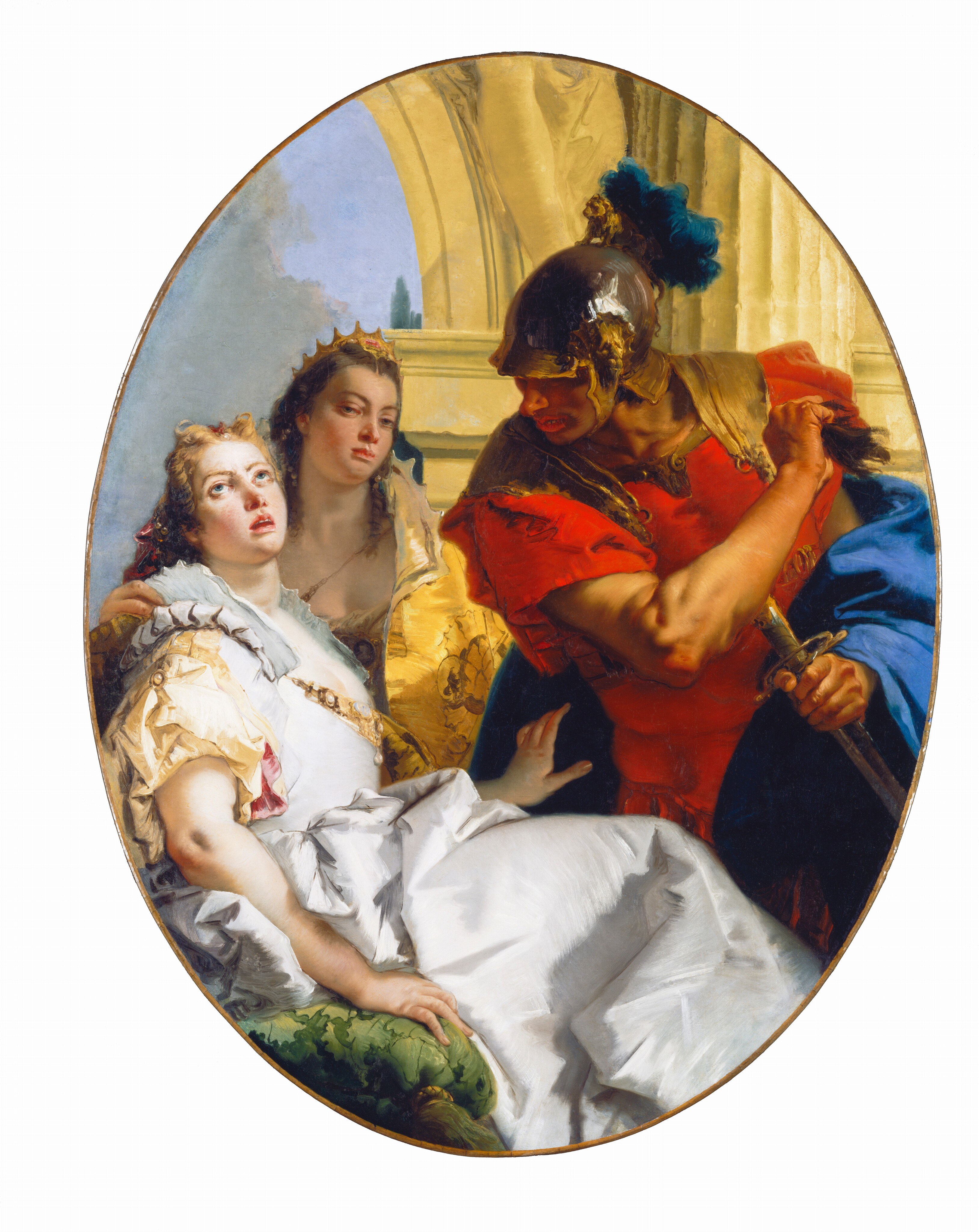 Two women and a man in front of a column and arch nearly fill this vertical, oval painting. The two women have pale skin with round faces, wide-set eyes, and full pink lips. The woman in the lower left quadrant of the painting sits on a moss-green cushion with her body facing our right almost in profile. Her face turns to us and is tipped up, the eyes cast heavenward and her lips parted. She has blond hair and wears a white gown with a voluminous skirt.  A gold and possibly jeweled belt is looped over one shoulder and crosses her torso. Her right hand, closer to us, rests on the pillow and the other is slightly lifted to reach toward or touch the hip of the man to the right. The second woman is behind the first and wears a gold crown tucked into her long brown hair. Her mouth is closed, and her head is tipped slightly back and away so she looks at us from the corners of her heavy-lidded eyes. She wears a low-cut bodice and a buttercup-yellow robe, and one hand rests on the other woman’s shoulder. Dominating the right half of the composition, the clean-shaven man has dark, tan-brown skin. He wears a silver and gold helmet topped with a gold lion and a royal blue plume. His armor is scarlet red, and a lapis-blue cloak wraps across his middle back and over one forearm. He holds a sword in one hand a what looks like a lock of brown hair or fur in the other. He looks down at the first woman with his head tipped toward us so his eyes are hidden by the helmet’s brim. The column and arch behind the trio is pale yellow, and gray clouds, a sliver of blue sky, and the tip of a green tree are visible in the distance to the left.