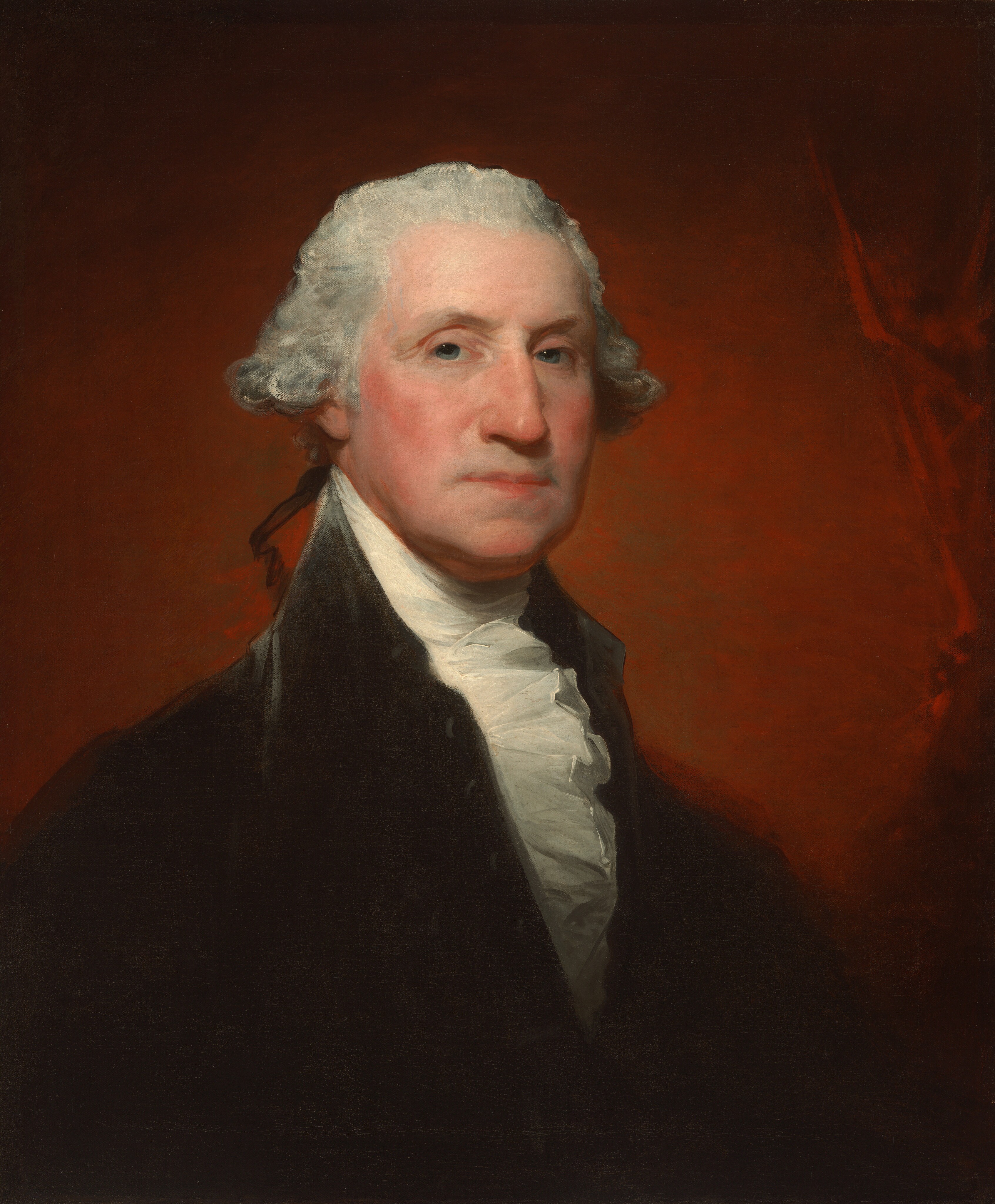 Shown from the chest up, an older man with pale, peachy skin, wearing a high-collared black coat and a cream-white, ruffled collar, is shown against a deep wine-red background in this vertical portrait painting. His body is angled to our right, and he turns his face to look at us with gray eyes under pale gray eyebrows. He has a hooked nose and jowls along his chin line. His cheeks are flushed, and his lips are set in a line. His white hair flares out along the sides of his head and is tied at the nape of his neck with a ribbon loosely painted and outlined with black. His ink-black coat has silvery gray highlights along the high collar and his right shoulder, to our left. The background is painted with light brushstrokes, deepening from scarlet red around his face to black at the upper corners.