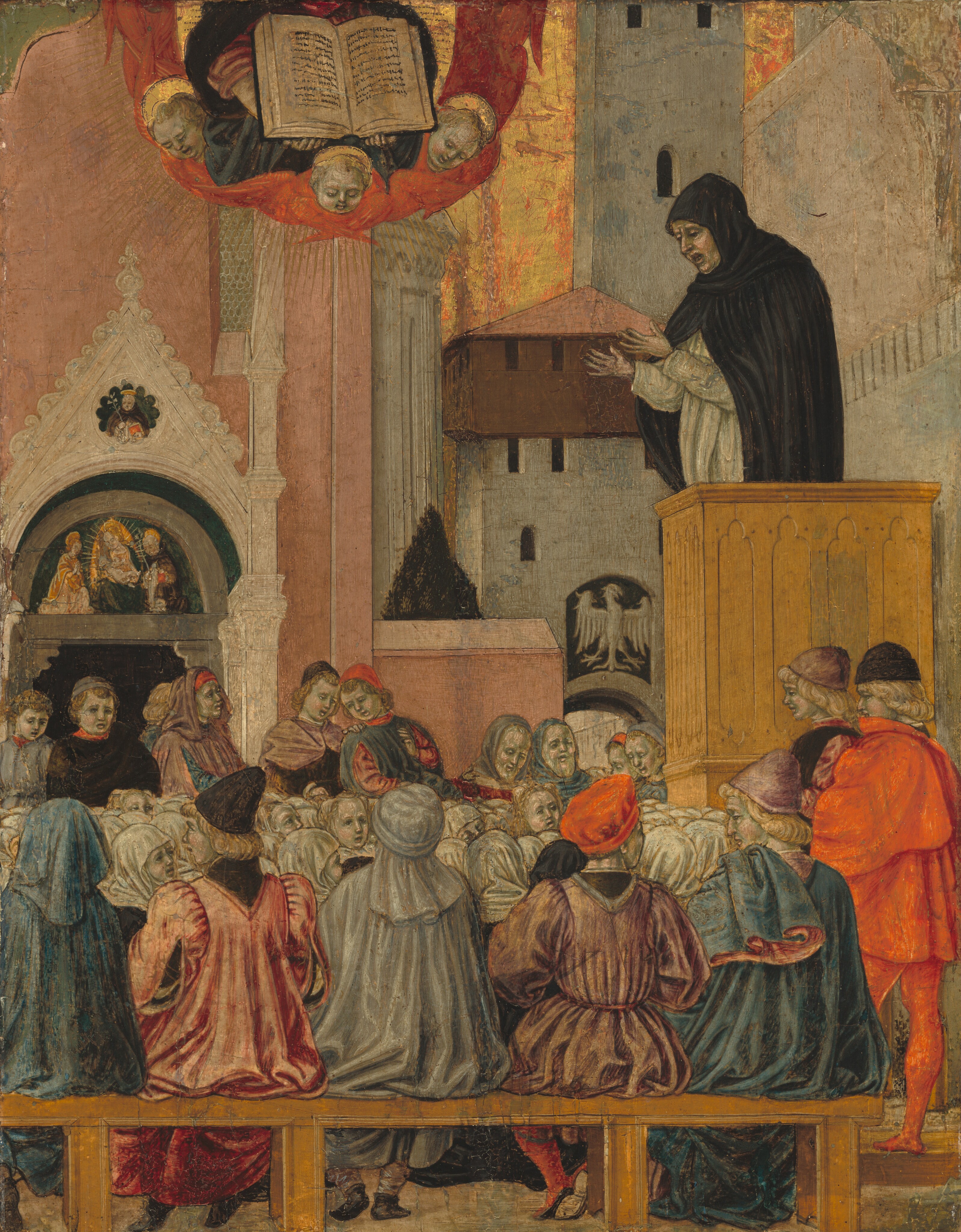 A person wearing a black hood and cloak over a white long-sleeved garment stands in a wooden box, a pulpit, and speaks to a crowd gathered below in this vertical painting. The people all have pale skin tinged with green and pink cheeks. The preacher stands along the right side of the painting, his mouth open and both hands held up. He faces our left almost in profile, and his forehead, eyes, and mouth are deeply lined. Seventeen men and women sit or stand across the front of the crowd or at the far side of it. They wear garments in rose pink, fog gray, sapphire blue, vivid red, or black. Five of them sit along a wooden rail or bench closest to us with their backs facing out. Between this and the standing people on the far side of the crowd are dozens of heads, mostly covered with white cloths though a few have blond hair. Buildings in gray, pale pink, or white stone fill the background except for a few patches of sky, which are shiny gold. The torso of a person holding an open book floats high above the crowd, cut off by the top edge of the painting. The person wears a dark blue robe over a pink garment and is surrounded by a ring made of the red wings of winged, blond baby heads with gold halos. Gold rays radiate out from the ring.