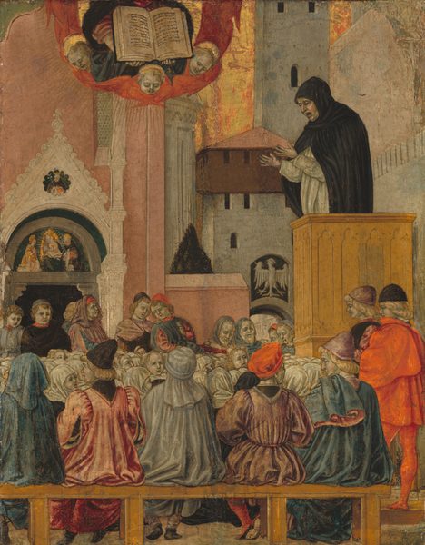 A person wearing a black hood and cloak over a white long-sleeved garment stands in a wooden box, a pulpit, and speaks to a crowd gathered below in this vertical painting. The people all have pale skin tinged with green and pink cheeks. The preacher stands along the right side of the painting, his mouth open and both hands held up. He faces our left almost in profile, and his forehead, eyes, and mouth are deeply lined. Seventeen men and women sit or stand across the front of the crowd or at the far side of it. They wear garments in rose pink, fog gray, sapphire blue, vivid red, or black. Five of them sit along a wooden rail or bench closest to us with their backs facing out. Between this and the standing people on the far side of the crowd are dozens of heads, mostly covered with white cloths though a few have blond hair. Buildings in gray, pale pink, or white stone fill the background except for a few patches of sky, which are shiny gold. The torso of a person holding an open book floats high above the crowd, cut off by the top edge of the painting. The person wears a dark blue robe over a pink garment and is surrounded by a ring made of the red wings of winged, blond baby heads with gold halos. Gold rays radiate out from the ring.
