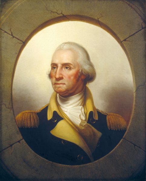 This painting shows a man from the chest up. The man's body faces us, while his head is turned to the left. His facial features include a broad forehead, strong nose, and thin lips. He has pale skin with rosy cheeks and thin, dark eyebrows. His hair is white and pulled back from his head, curling down around his ears. He is dressed in a military uniform that features a dark blue coat with gold epaulettes on the shoulders, gold buttons, and a prominent yellow collar. Underneath, he wears a ruffled white cravat. The background is a gradient of white and gray, lighter at the top and becoming darker behind the man's shoulders. The man is outlined in an oval, and beyond that oval is a cracked frame-like surface in shades of gray and light green, as if the man is looking through an oval window or porthole.