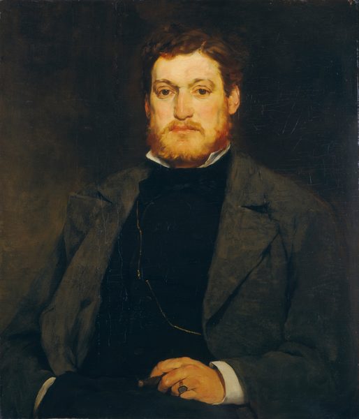 This painting shows a seated man from the waist up who looks directly at us. The man has light skin and a beard and mustache in a reddish-brown shade. His hair is similarly colored. He has a straight nose and round, dark eyes under curved eyebrows. He wears a dark suit with a white collar visible at the neck, covered by a charcoal gray overcoat. In his right hand, resting on his lap, he holds a cigar, and a gold ring is visible on his hand, with a chain across his torso. The background is dark brown and almost black in some areas.