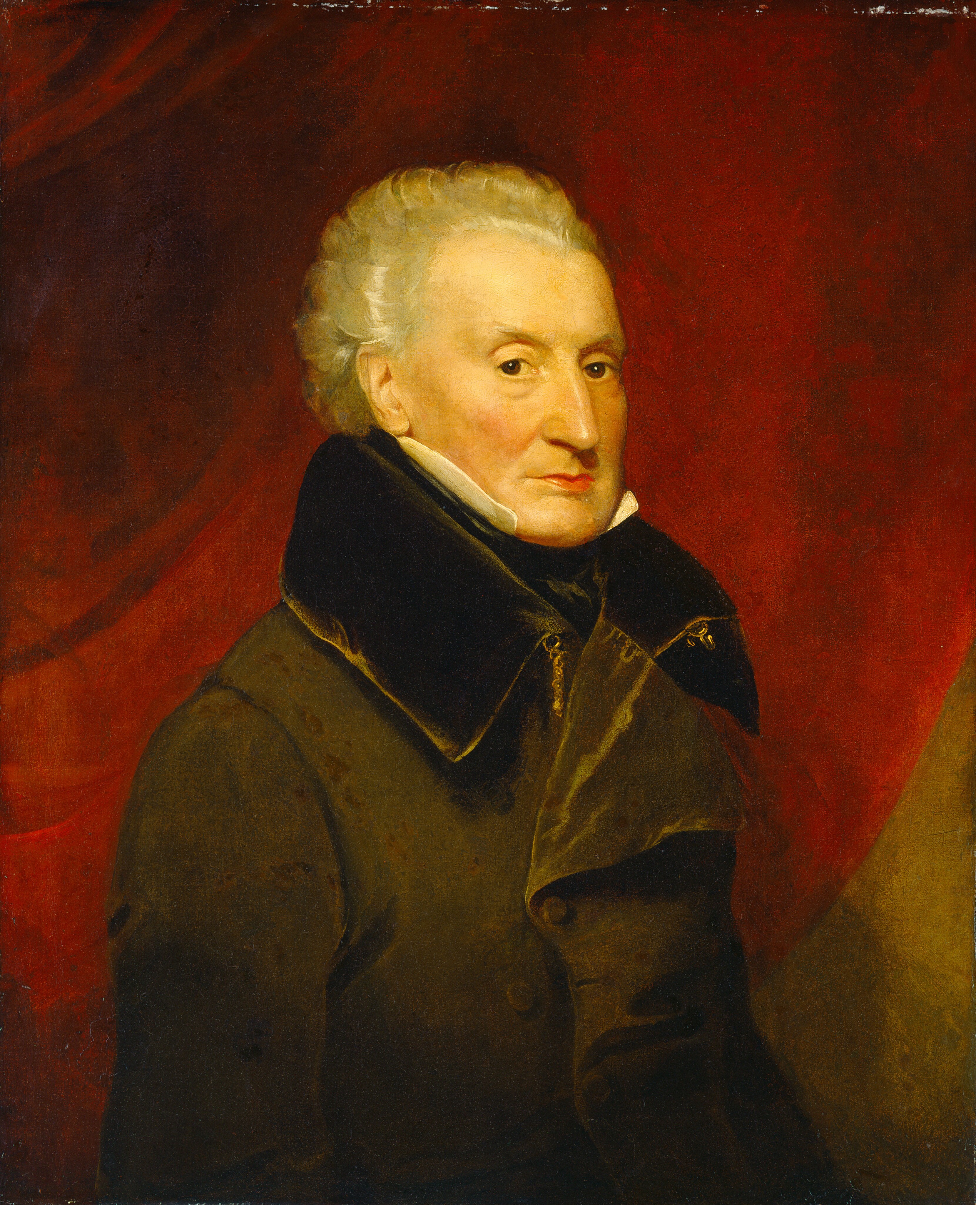 This painting is a portrait of a man from the waist up. His body is slightly turned to the right, but he looks directly at us. The man has pale skin, a sharp nose, high cheekbones, thin, red lips, and white hair swept back from his face. He wears a dark green coat with a wide, high collar and a white undershirt visible at the neck. The background is a rich, deep red drapery, with a yellow-brown color in the bottom right corner.