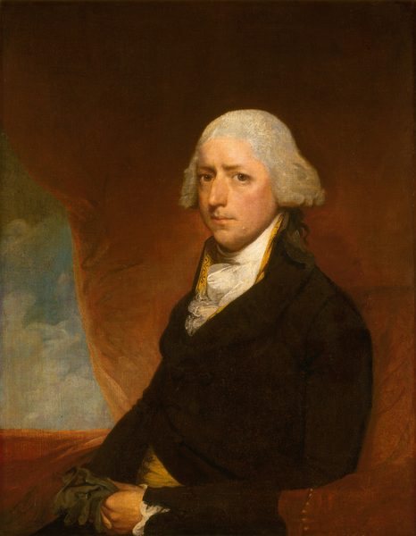 This painting shows a seated man from the waist up. The man's body is turned to the left, and he looks straight at us. The man has light skin, a sharp nose, thin lips, and slightly furrowed eyebrows. His white hair is styled back, with curls above his ears. He is dressed in a dark coat with gold details around the collar, and a high white cravat around his neck with a white shirt peeking out underneath. He holds a pair of black gloves in his left hand. The background mostly features a draped red curtain, but to the left a glimpse of a gray-blue sky with clouds is visible.