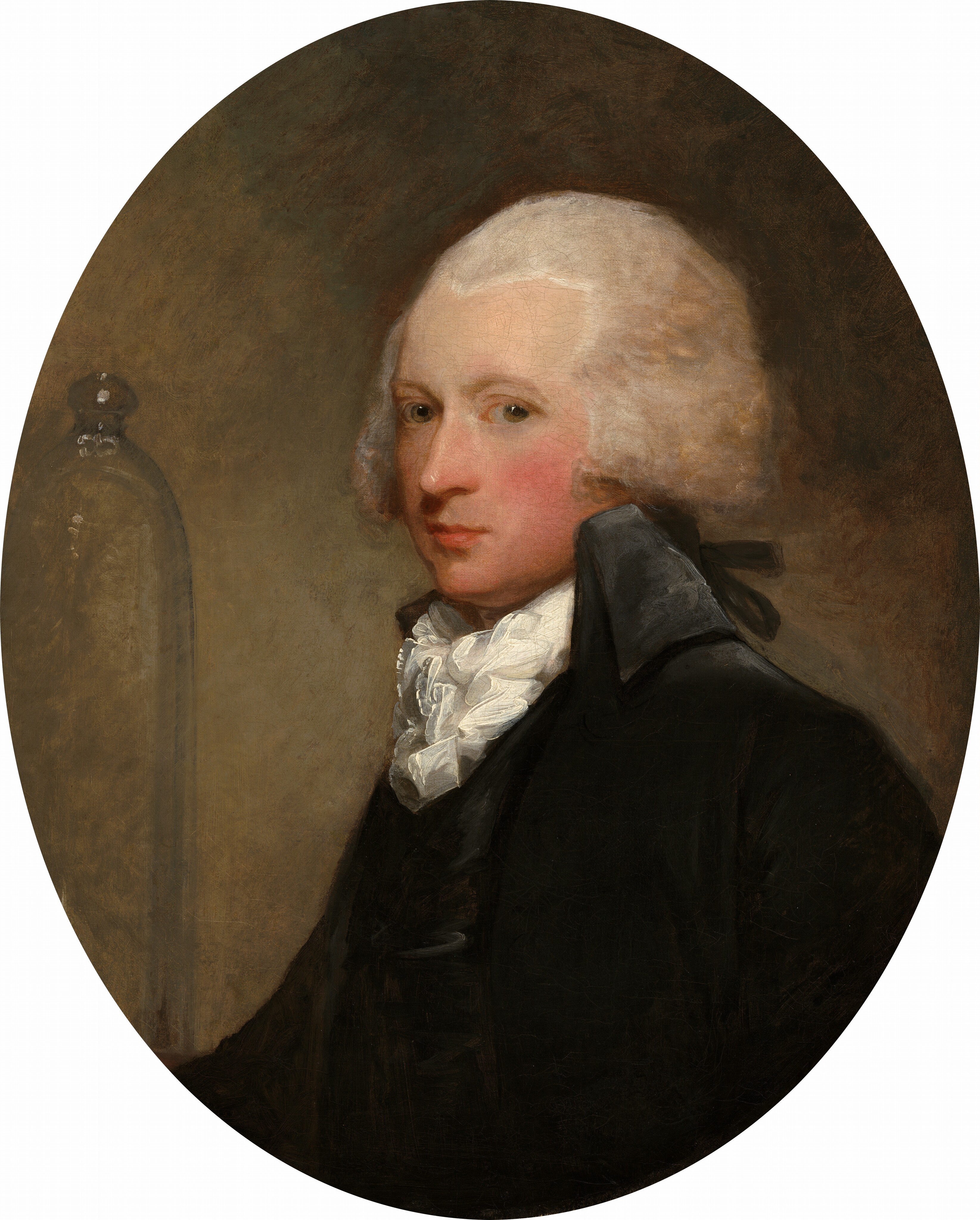 The image shows a portrait of a man from the chest upwards. He is turned slightly to his right and depicted gazing towards the viewer. The man has a pale complexion, soft facial features, a slightly rounded face, and light voluminous hair styled away from his face. He is dressed formally in a dark jacket with a high collar and a white cravat at his neck. There are no visible jewelry or objects. The background is a plain, textured, brownish canvas.