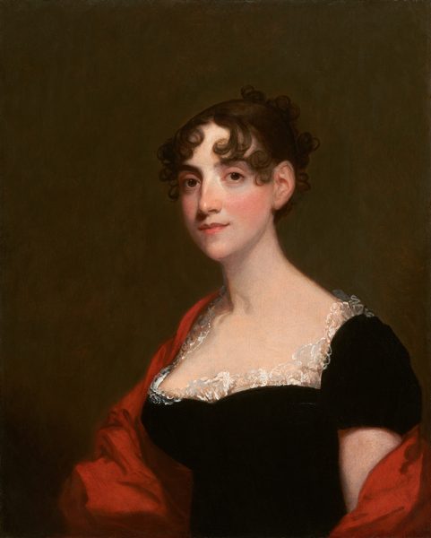 This painting depicts the upper half of a woman's body. She is turned slightly to the left and faces us, with pale skin, soft, rosy cheeks, dark brown eyes, and a neutral expression. She has curly brown hair that is in an updo, with small curls framing her forehead. She is wearing a short-sleeved black dress with a square, lace-trimmed neckline, and has a bright red shawl draped over her shoulders. The background is a solid dark brown color.