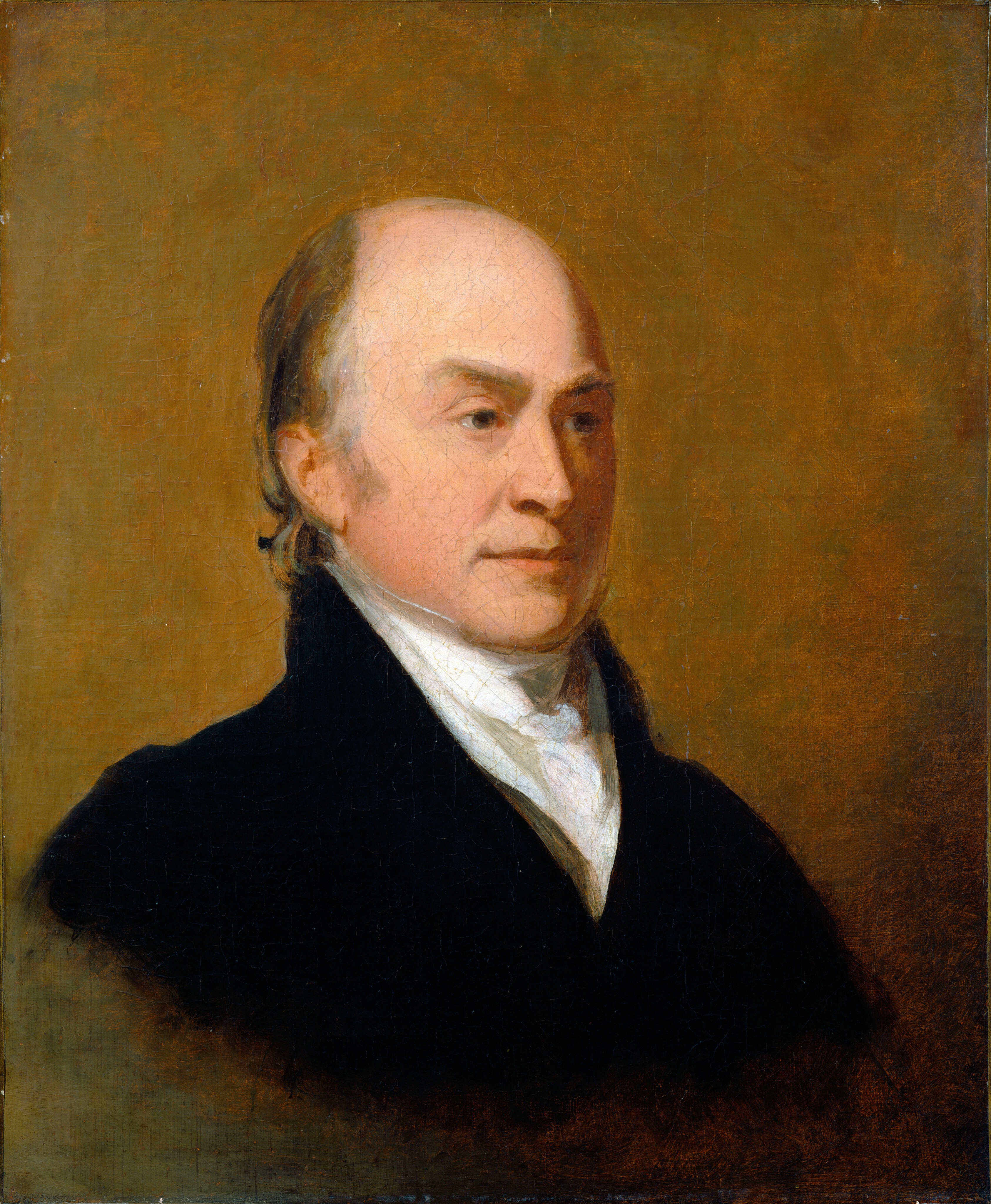 Shown from the chest up, a light-skinned man sits angled to our right and looking off in that direction against a golden brown background in this vertical portrait painting. The man has a high forehead under a receding hairline of gray-brushed light brown hair. His right eyebrow, to our left, is slightly cocked over hazel-brown eyes. His short nose is pointed and his pink lips closed over a set jaw. Snow-white folds of his cravat tuck into his high-collared ink-black coat. The rounded lower edge of the portrait fades against the background.