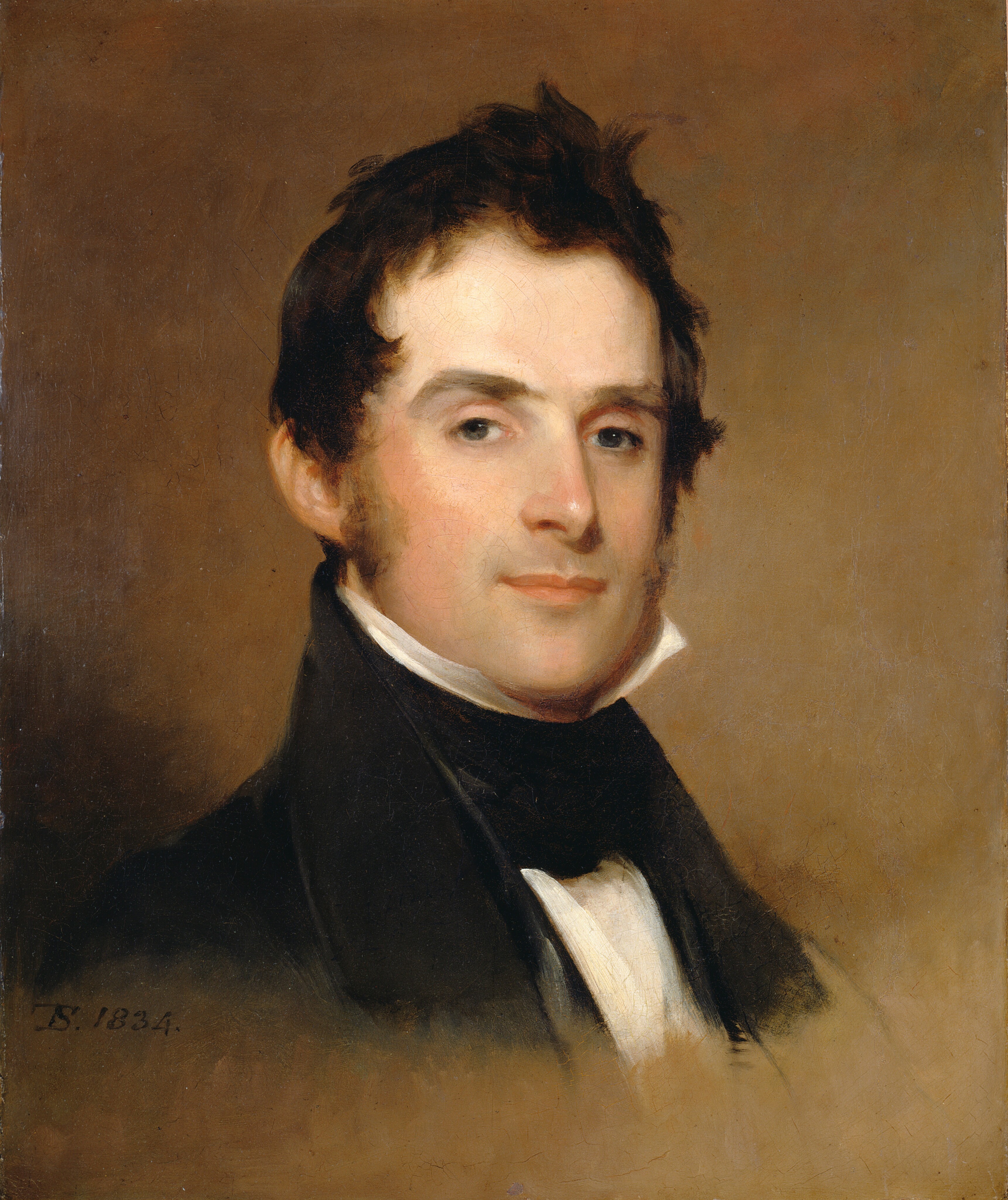 This painting is a portrait showing the upper torso and head of a man turned slightly to the right. The man is looking at us with a neutral expression. His facial features include pale skin, a high forehead, dark eyebrows, and dark hair styled with waves and curls around his temples. He is wearing a black coat over a white shirt. The shirt is adorned with a white cravat wrapped around his neck, visible above the coat's collar. The background is a brown shade, and the painting is marked with the initials "TS" and "1834" at the bottom left corner.