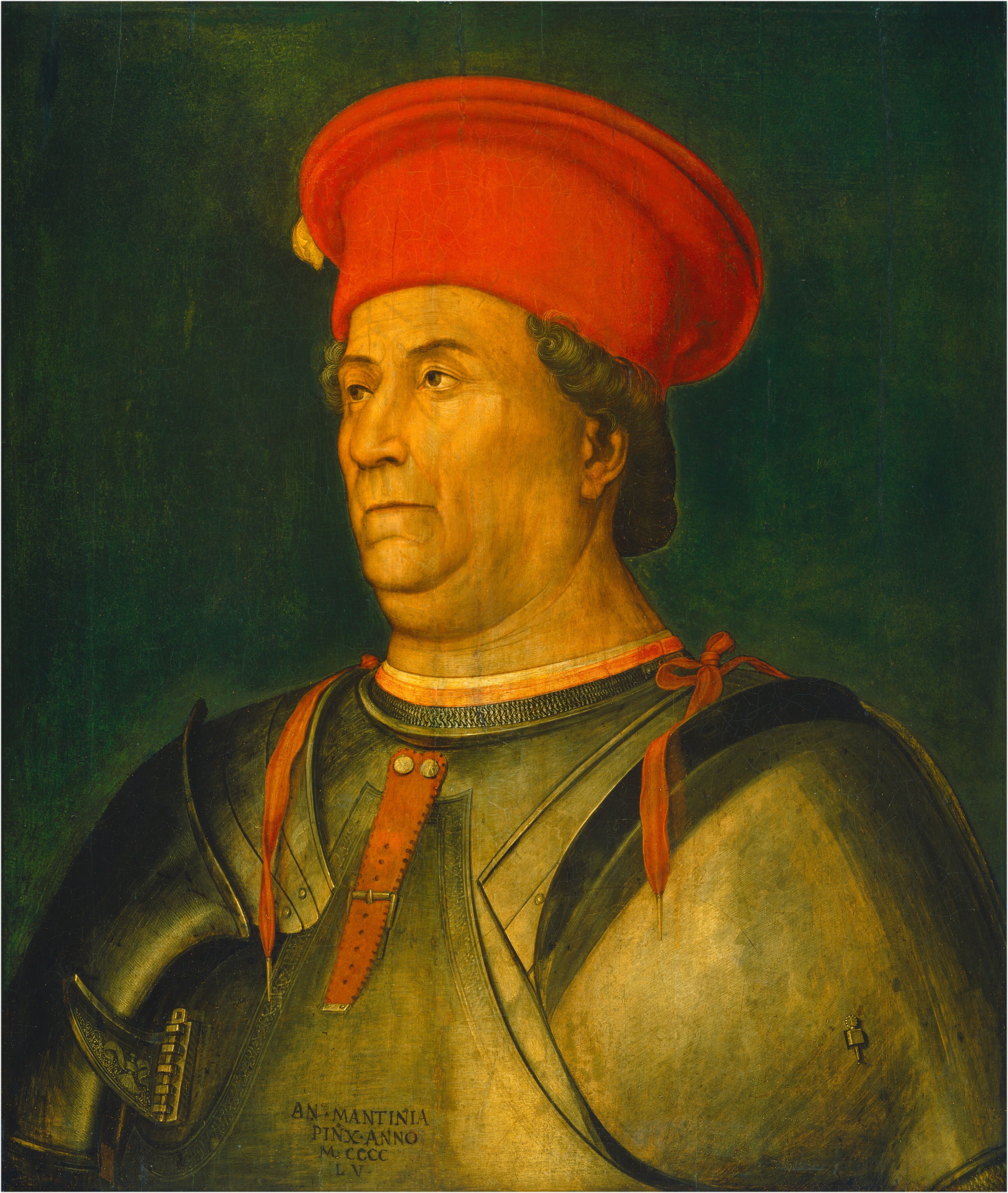 This painting shows an upper-body portrait of a man in a three-quarter view, turned to the left. He has a prominent double chin, a slightly furrowed brow, thin lips, and a serious expression. He has pale yellow skin and short, dark hair, and he wears a large, red hat. He is clad in silver armor with red straps on his shoulder and chest. The background is a simple, dark green color.