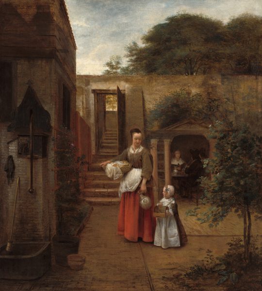 A woman and child stand in an enclosed courtyard in this vertical painting. A two-story house rises along the left edge of the painting, and three more people gather at a table set within an enclosure at the far side of the courtyard to our right. All the people have pale skin. At the center of the composition, the woman holds a wide basket propped against a hip with one hand and a white pitcher down by her side with the other. Her hair is covered by a flat black cap that comes to a point high on the forehead. Her brown jacket is worn over a white shirt, which is visible at the neckline. A white apron is gathered and tied up over her long red skirt. She looks down, smiling, at the child at her side, to our right. The child wears a white cap over blond hair, a long brown garment with a wide, white collar, and a white apron. Holding a bird cage with both hands, the child looks off to our left. The courtyard is paved with tan bricks, but a slender tree, the same height as the woman, grows among the pavers in the bottom right of the composition. The corner of the house has a pink rose growing up a trellis, also the same height as the woman, on the side facing the pair. A wooden bucket and clay pot sit at the front corner of the house next to a wider basin on our side. A broom inside the basin leans against the brick wall below a black metal pump with a spout and long handle. Shadows cast by rooflines behind us fall on the second story of the house, which is clad in horizontal wood boards. A flight of stairs past the back corner of the house leads through an open door, which is set into a wall that encloses the far side of the courtyard. A structure with a narrow triangular pediment supported by pairs of pink columns covers a small dining area. Two men and a woman sit with a white pitcher and some food on the table, which is indistinct in the shadows. Across the table from us, the woman wears a black dress with a wide white collar, and she holds a flaring glass with red wine. The two men sitting with their backs angled to us wear tall, wide-brimmed black hats and black suits. The one closer to us holds a long-stemmed white clay pipe to his lips. Deep green canopies of trees peek over the far side of the wall, and the sky above has thin white clouds against a blue sky.