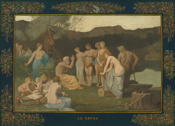 This is a painting of various people gathered in a pastoral setting. The scene features a group of nude and partially-clothed people of different ages, including an elderly man who is seated on the left, gesturing to the others around him. The people all have pale skin and hair in shades of blond, brown, and orange, and some of them wear wide-brimmed yellow hats. Some have cloth draped around their waists in shades of blue, white, and yellow. The setting includes lush greenery with a tree in the background and distant mountains or hills under a pale-gray sky. Objects such as scythes, an anvil, and other tools are scattered around the group. The border surrounding the painting is dark blue and decorated with a pattern of leaves and fruits.