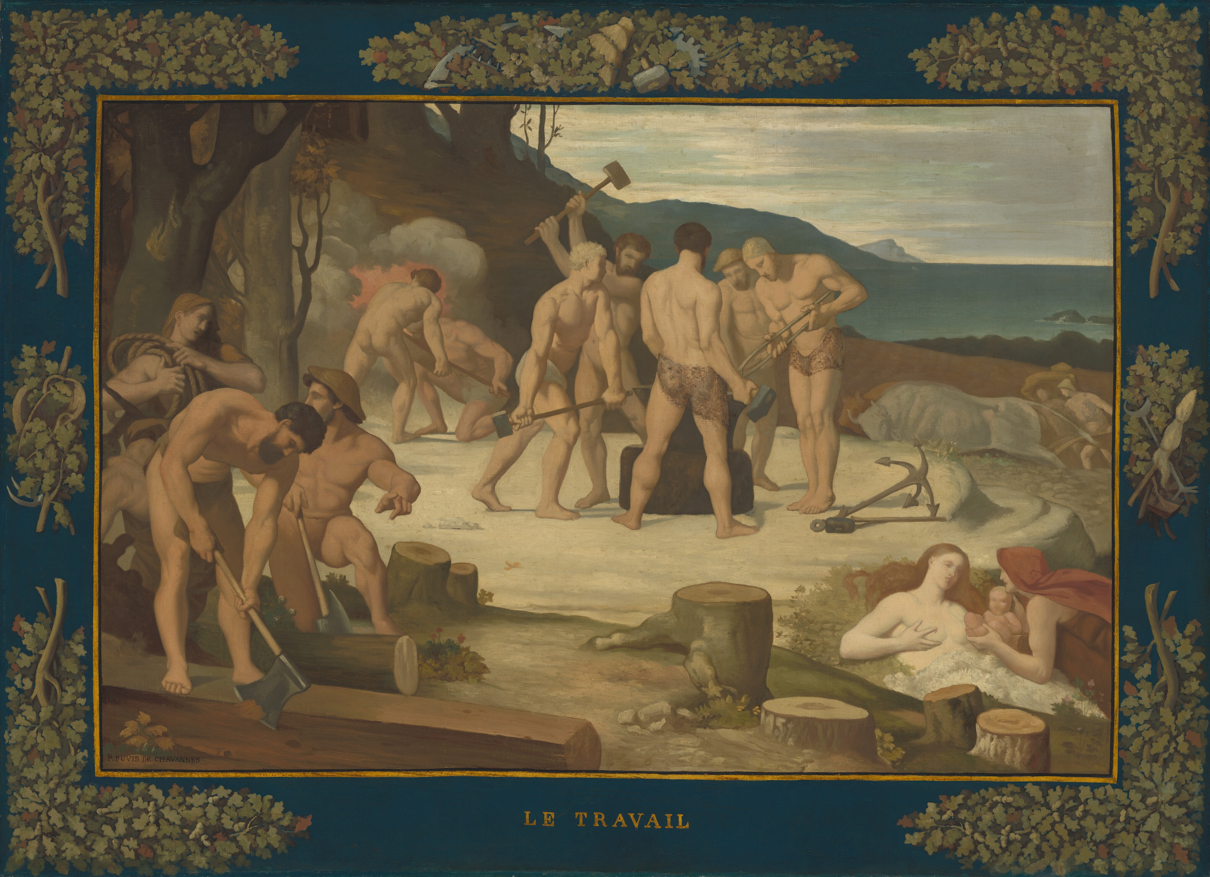 This is a painting of a group of people, mostly men, engaged in laborious activities outdoors. The people are minimally clothed, with small pieces of cloth wrapped around their waists. On the left, a group of men appear to chop down trees and scrape the bark from them. One of them has a large rope wrapped around his shoulder. In the center, more men appear to forge tools or weapons, all facing a large anvil. Two men behind them appear to move a long rod into or out of a hot fire surrounded by smoke. On the right, two people follow large bulls, one of the people holding a brown sack or bag on their shoulders. In the bottom right corner, a woman lies in the grass, partially covered by a white cloth. A person in a red cloak holds a small child up to her. All of the people have pale skin and hair in shades of blond and brown, and many of the men wear hats or caps. The background features a rocky landscape with distant hills and a body of water near the upper right, with the sky above a pale blue-gray shade. The border of the painting is dark blue adorned with decorative elements, including green leaves, brown branches, and the shapes of tools. The words "LE TRAVAIL" are inscribed in gold at the bottom of the painting.