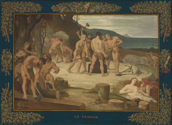 This is a painting of a group of people, mostly men, engaged in laborious activities outdoors. The people are minimally clothed, with small pieces of cloth wrapped around their waists. On the left, a group of men appear to chop down trees and scrape the bark from them. One of them has a large rope wrapped around his shoulder. In the center, more men appear to forge tools or weapons, all facing a large anvil. Two men behind them appear to move a long rod into or out of a hot fire surrounded by smoke. On the right, two people follow large bulls, one of the people holding a brown sack or bag on their shoulders. In the bottom right corner, a woman lies in the grass, partially covered by a white cloth. A person in a red cloak holds a small child up to her. All of the people have pale skin and hair in shades of blond and brown, and many of the men wear hats or caps. The background features a rocky landscape with distant hills and a body of water near the upper right, with the sky above a pale blue-gray shade. The border of the painting is dark blue adorned with decorative elements, including green leaves, brown branches, and the shapes of tools. The words "LE TRAVAIL" are inscribed in gold at the bottom of the painting.
