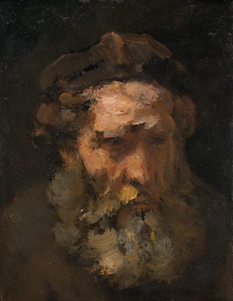 Shown from the shoulders up, the head of a pale-skinned, elderly man with a long beard and short brown hair takes up most of this vertical portrait painting. The man’s face is turned slightly to our right, and his amber eyes gaze in that direction. Thick strokes of taupe, smoke gray, harvest gold, and flecks of black paint form his thick, chest-length beard. Patches of peach, butterscotch yellow, and rust red create his face. Wide squiggles of chestnut and tawny brown suggest short curls under a coffee-brown cap. The loose painting technique blurs his features, and his shoulders are suggested by sloping areas of coffee and chestnut brown below his head. He is lit from our left so the far side of his face is in shadow, and he is set against an earth-brown background.