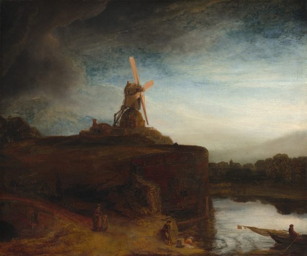 A windmill stands on a promontory cutting into a waterway under a partially stormy sky in this square landcape painting. The promontory and mill are painted in muted tones of brown and rust orange, while steel-gray and white clouds encircle a topaz-blue sky above. The promontory juts into the scene from our left, and the front of the windmill is angled to our right so its golden-tan sails catch the light. Silvery water winds around the base of the promontory and extends to a dark green, shadowy bank on the far side. A boat in the lower right corner of the composition is rowed by a man wearing a red jacket and cap. A path runs to the water’s edge from the left edge of the painting, in front of the promontory’s retaining wall, which is shored up with stones or panels. A person in dark clothing close to the windmill seems to rest their arms on the retaining wall, their back to us. Closer to us, a woman holds a child’s hand as they walk down the path to the bank. A bearded man with tattered brown clothes and bare feet stands leaning against the wall near a woman wearing burnt-orange garment. She sits or kneels at the water’s edge in front of a basket of clothes and holds up a brown cloth. The olive-green forms of the trees on the far bank are reflected in the water, and closer inspection reveals two cows near the water there. Charcoal-gray clouds pile up along the left of the painting and span the top edge. There is a brilliant blue sky beyond and a screen of white clouds near the horizon, which comes about a third of the way up the canvas.