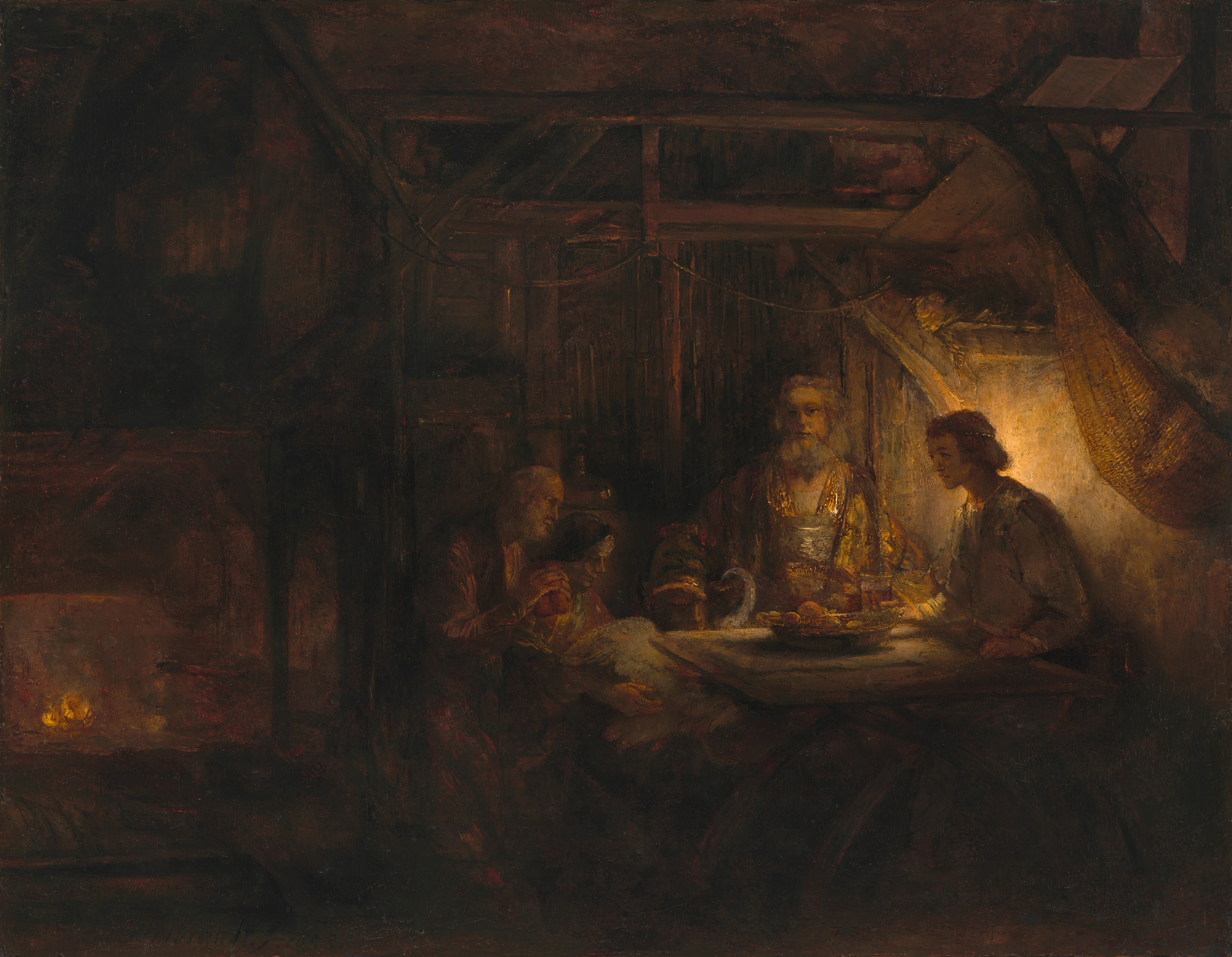 Three men and a woman sit around a wooden table on the right side of a dimly lit room in this horizontal painting. The scene is painted entirely in warm shades of bronze, golden yellow, and dark brown. A cleanshaven man to our right, Mercury, is dramatically backlit by golden light so we see his face almost in silhouette, though we can make out his eyes, straight nose, and parted lips. He rests both hands on the table, one palm down by the edge close to him and one palm up in front of him, near a glass of amber-colored liquid. He wears a gray and brown tunic, and light glinting in his chin-length hair suggests a silver band or another ornament. He looks toward a man and woman at the other end of the table, to our left and near the center of the composition. The woman’s head is covered with a dark cloth, and she holds a gray fowl in her lap. Her lips are also parted and her face tips down. The man next to her, closer to us, has a gray beard and hair, and he holds a rust-red cap at his chest with both hands as he looks across the table. A bowl of food lies in the center of the table between this couple and Mercury. The fourth person has a long gray beard and hair, and faces us across the table. He wears a gleaming copper and silvery-gray robe and cloak, and holds one hand up, palm down, over the table. Much of the rest of the room is swallowed in shadow but there is the suggestion of rafters and beams, and a small fire glows in a hearth on the left side of the scene. The artist signed and dated the lower left, “Rembrandt f. 1658.”