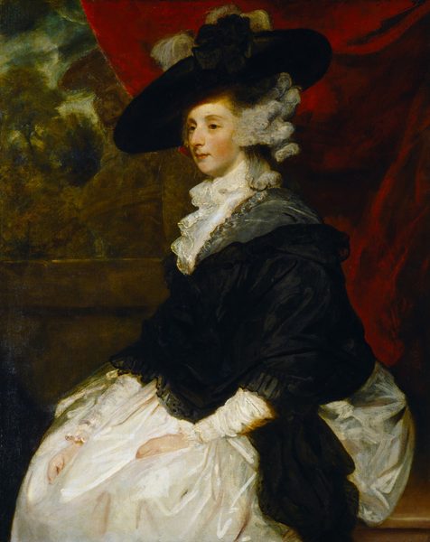 This painting depicts a seated woman facing the left. She has a pale complexion, rosy cheeks, arched eyebrows, and thin red lips set in a neutral expression. Her hands are resting on her lap. Her hair is gray and styled in stiff curls that extend outward from her head, and she wears a wide-brimmed black hat with a black flower and white feathers. She is dressed in a white dress with a wide skirt under a black jacket or shawl, with a lacy white cravat at her neck. Behind her on the right is a draping red curtain, and on the left is a view of a dark, greenish-blue sky, tall trees, and a brown statue or fountain.