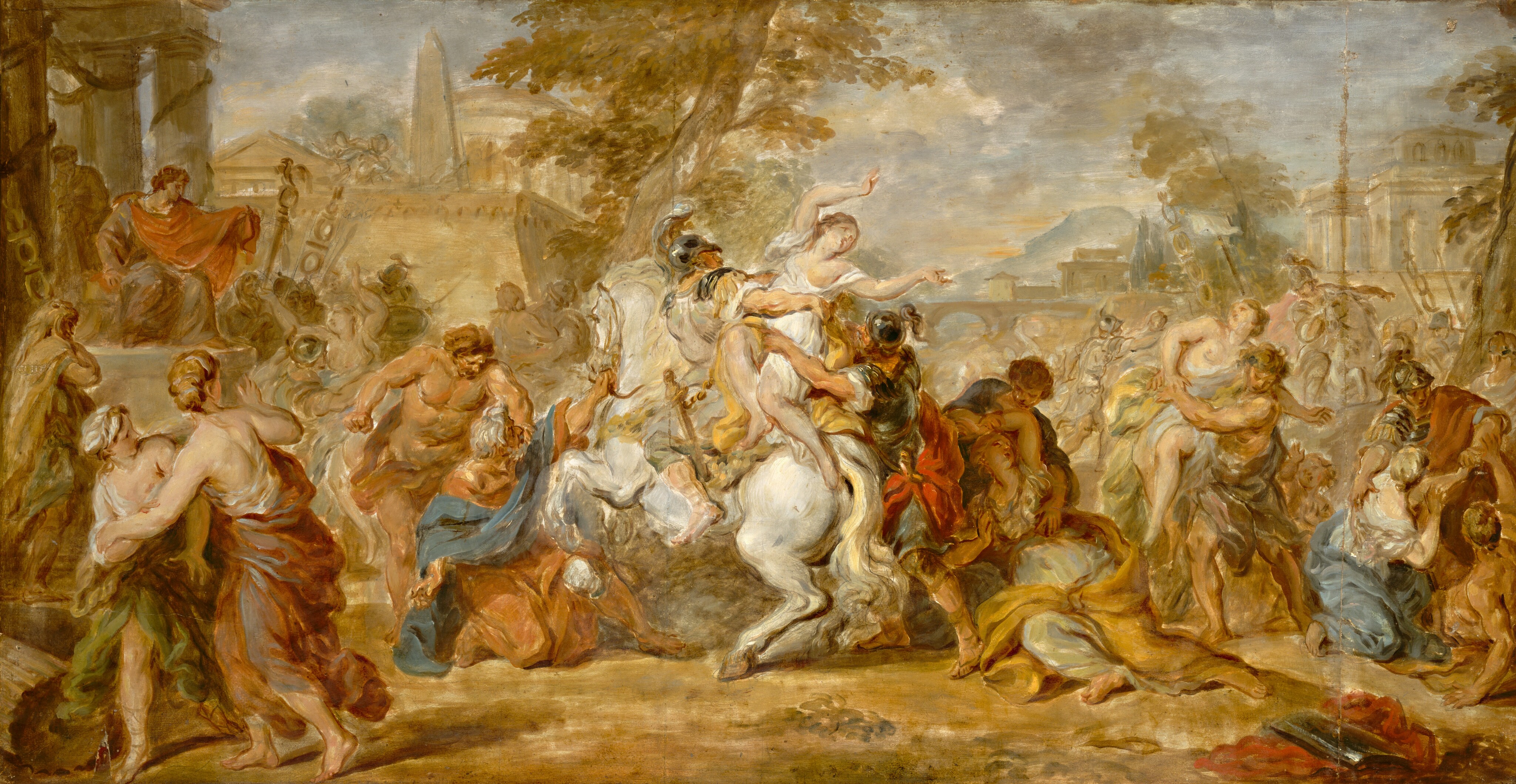 This is a painting depicting a scene with multiple people in dynamic poses. The characters are dressed elaborately in colorful, draped fabric and are shown in action, with elements of classical architecture in the background under a pale-blue sky. At the center of the painting, an armored man on a white horse grabs the torso of a woman who has her hands upraised. Another armored man grabs her waist from the other side. An older man with white hair kneels in front of the horse, raising one of his hands up towards the rider. The rest of the people in the image also appear to be in conflict, with many turning to look towards the central group. The painting is done in soft colors with lots of yellow and brown tones, and the paint has been applied with loose brush strokes.