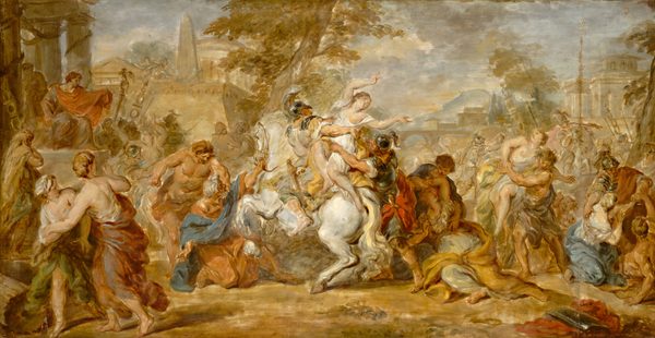 This is a painting depicting a scene with multiple people in dynamic poses. The characters are dressed elaborately in colorful, draped fabric and are shown in action, with elements of classical architecture in the background under a pale-blue sky. At the center of the painting, an armored man on a white horse grabs the torso of a woman who has her hands upraised. Another armored man grabs her waist from the other side. An older man with white hair kneels in front of the horse, raising one of his hands up towards the rider. The rest of the people in the image also appear to be in conflict, with many turning to look towards the central group. The painting is done in soft colors with lots of yellow and brown tones, and the paint has been applied with loose brush strokes.