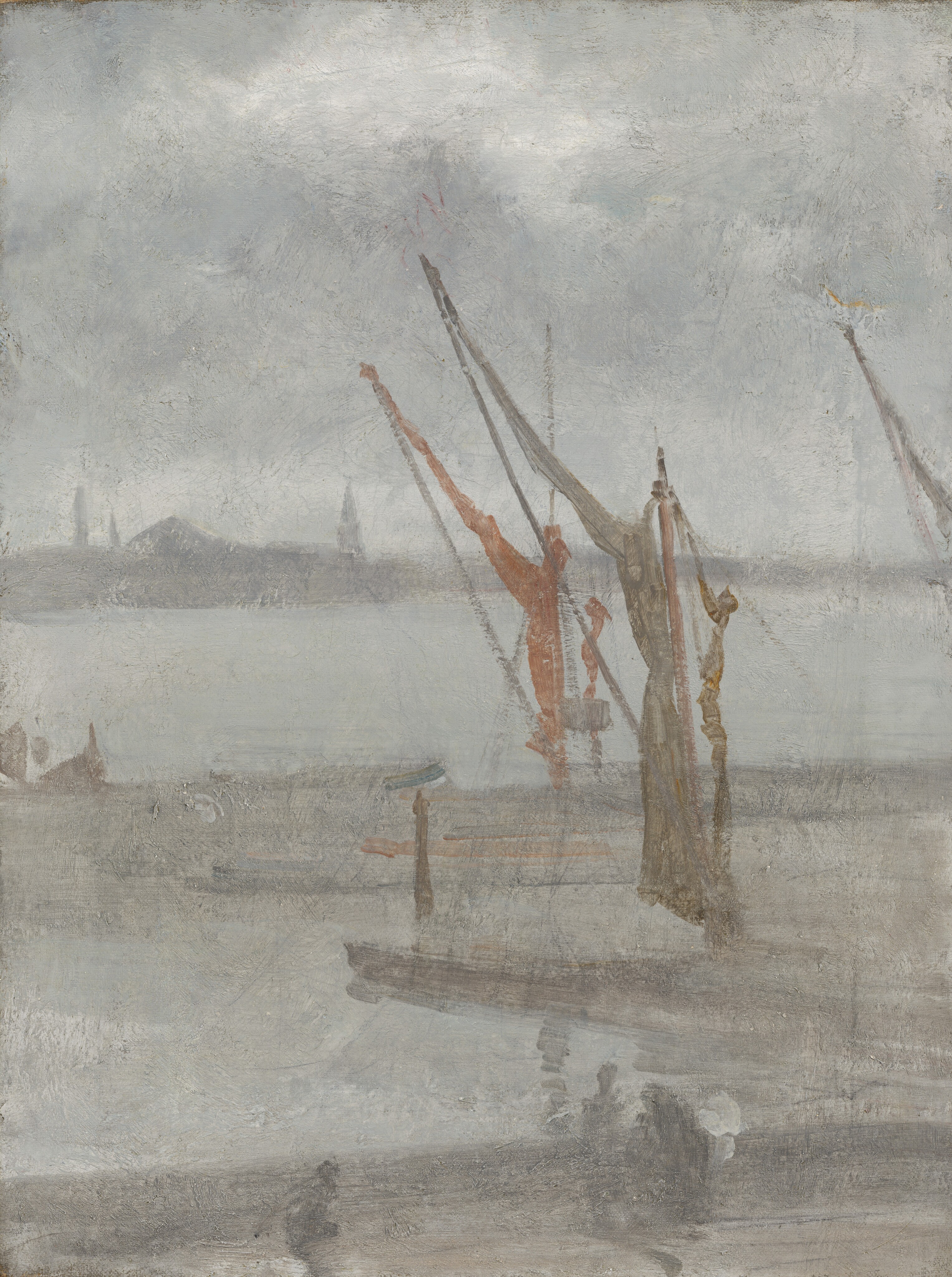 This painting shows a waterfront with boats and buildings in the distance. The shadowy horizon line divides the composition between the gray sky and gray water. The distant shore features faint outlines of buildings. Closer to us, boats are anchored with their masts tied up, creating lines against the sky. The sails and rigging are painted in earthy colors. At the bottom of the painting, shadowy shapes that may be the silhouettes of people appear to walk across a path or bridge. Most of the painting is in shades of gray, and the brushstrokes are soft and translucent, giving the painting a blurred quality.