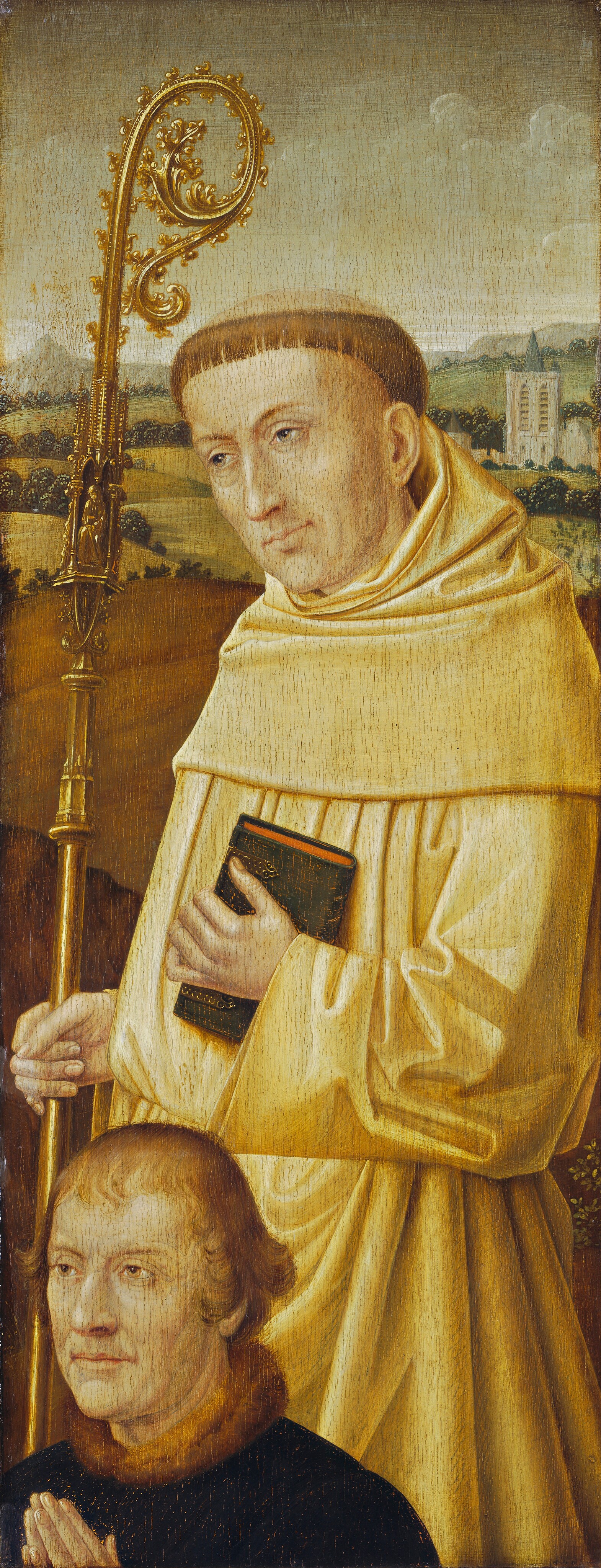 The image shows two figures standing waist up. The central figure holds a gold-colored staff and a black book against their chest. They have light skin, delicate facial features, and a tonsured hairstyle. The figure is robed in a cream-colored garment. Near the bottom of the image, a second figure is shown with hands clasped together. This person has light skin, short, light brown hair, and wears a dark robe with a fur collar. In the background, there is a landscape with fields, small hills, and a distant structure resembling a church or cathedral, set against a light sky with cloud formations.