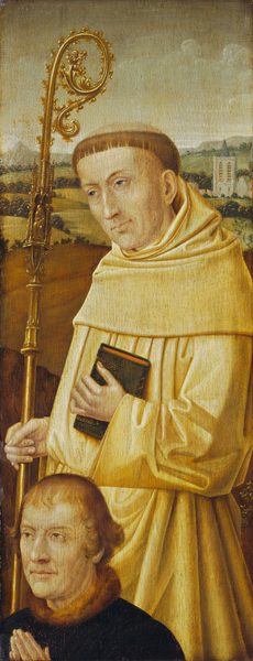 The image shows two figures standing waist up. The central figure holds a gold-colored staff and a black book against their chest. They have light skin, delicate facial features, and a tonsured hairstyle. The figure is robed in a cream-colored garment. Near the bottom of the image, a second figure is shown with hands clasped together. This person has light skin, short, light brown hair, and wears a dark robe with a fur collar. In the background, there is a landscape with fields, small hills, and a distant structure resembling a church or cathedral, set against a light sky with cloud formations.