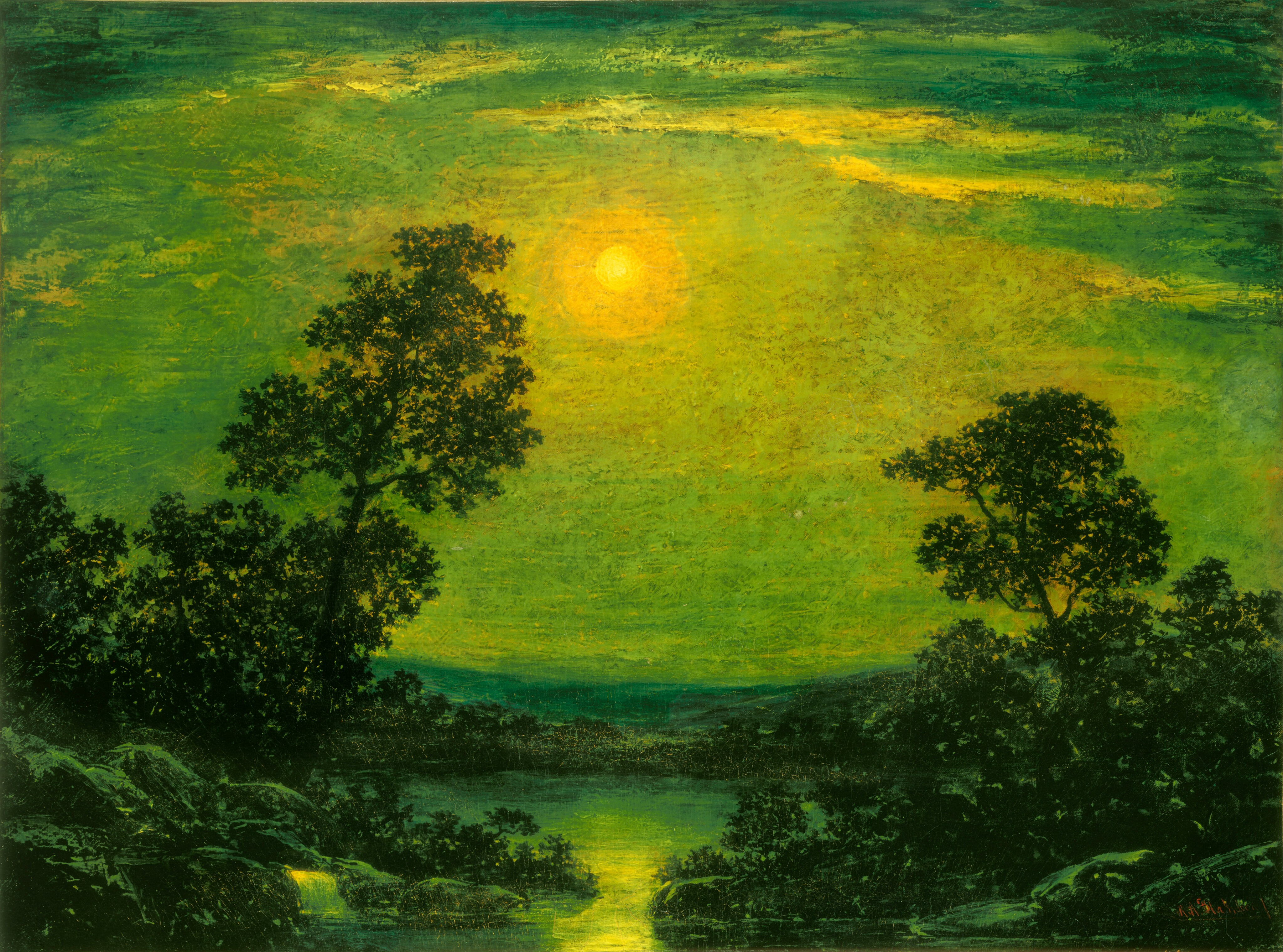 This painting shows a slightly elevated viewpoint looking out across a vivid green landscape towards a reflective body of water. In the bright green sky, the vibrant yellow moon or sun glows brightly, illuminating the scene. At the top of the painting, green and yellow clouds float across the sky. The moonlight reflects off the water, creating a bright yellow pathway at the bottom of the painting. There are the dark silhouettes of trees and bushes on the left and right sides, and in the distance, the flat green landscape fades into the glowing green atmosphere.