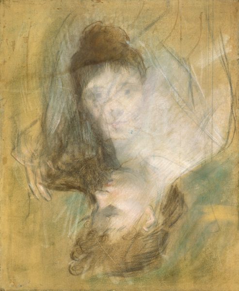 This drawing depicts a woman's head and neck in two overlapping sketches, with one that is upside-down, like a reflection. The top sketch of the woman has her face looking towards us. She has pale, white-blue skin and dark brown hair in a bun at the top of her head. Her facial features are outlined in pale gray, making them hard to see against her skin, but she appears to have round eyes, a small nose, and lips set in a neutral expression. The upside-down portrait shows her head turned in profile, with her hair down, cascading over one shoulder. Hints of fingers can be seen near this hair, and it overlaps with the upright face. Surrounding these overlapping portraits are lines of white, green, and gray on the pale-yellow background.