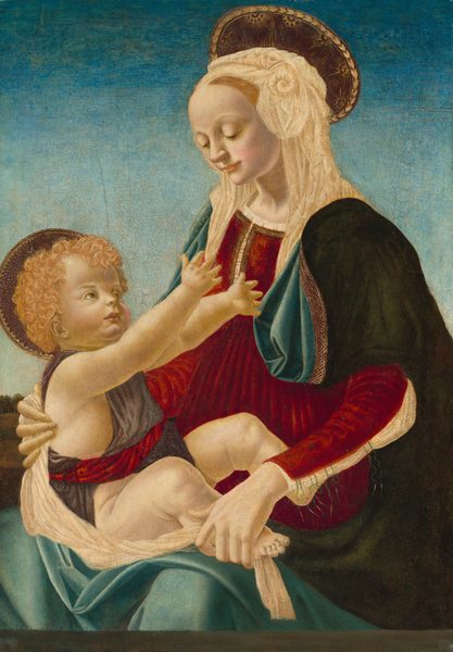 Shown from the knees up, a woman holds a baby in her lap in front of a clear blue sky in this vertical painting. The woman and baby both have smooth, pale skin with rosy cheeks and flat, disk-like halos at the backs of their heads. The woman’s body is angled to our left, and she looks down and smiles faintly at the baby she holds on her lap. Her blond hair is mostly covered by a gathered and ruffled white headdress. Her forest-green robe is lined with topaz blue, and it falls over her shoulders and across her lap over a ruby-red, long-sleeved dress. The white garment beneath the dress is visible along an open seam down the arm we can see, and the front of the dress is pleated vertically from the high waist. The woman supports the baby’s back with one hand and one of his feet with her other. He has curly blond hair, round cheeks, and delicate features. He reaches for the woman with both chubby hands. A slate-blue cloth drapes over his shoulders and is tied with twisted red fabric. A gray band across the bottom of the panel suggests they sit on the far side of a stone ledge. A ridge of trees along a hill in the deep distance is visible along the left edge of the composition, and the sky above deepens from watery blue along the horizon to azure blue across the top. The surface of the painting is cracked in some areas, especially in the sky.