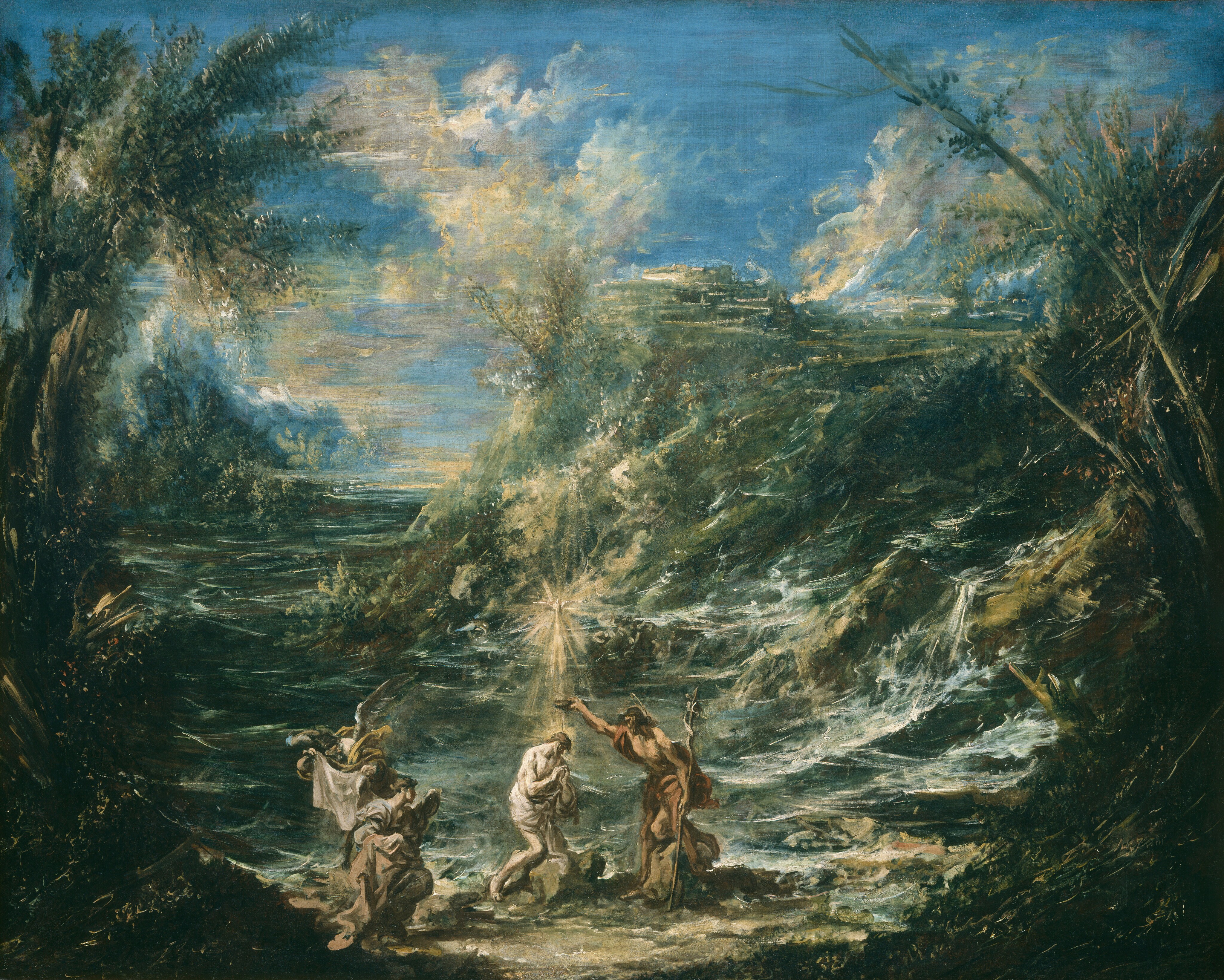 A young man wearing only a loincloth kneels at a river’s edge, facing a man holding a bowl over his head with two winged angels nearby in this almost square painting. Three of the people are pale skinned, one is tan, and all have dark hair. Jesus kneels at the bottom center of the composition. Saint John the Baptist, the man to our right, has tanned skin and is wrapped in a tawny brown cloak. He holds a tall staff in one hand and extends the bowl over Jesus’s head with his other. A white dove hovers above in a butter-yellow starburst. The two angels to our left have dark gray wings that barely catch the light in the murky, active landscape. One wearing sand-brown robes kneels and looks toward Jesus. The other wears straw-yellow and looks away, a cloth held up in both hands. The river cuts back and forth across the composition from the background to our left, and it sweeps across the picture and churns off the right side of the painting. Trees tower up along the left edge next to the group, and a grass-covered outcropping thrusts high into the sky behind Jesus and Saint John the Baptist. Pale yellow and cream-white clouds puff across a vivid blue sky across the top of the picture. Brushstrokes are visible throughout, especially in the water and landscape.