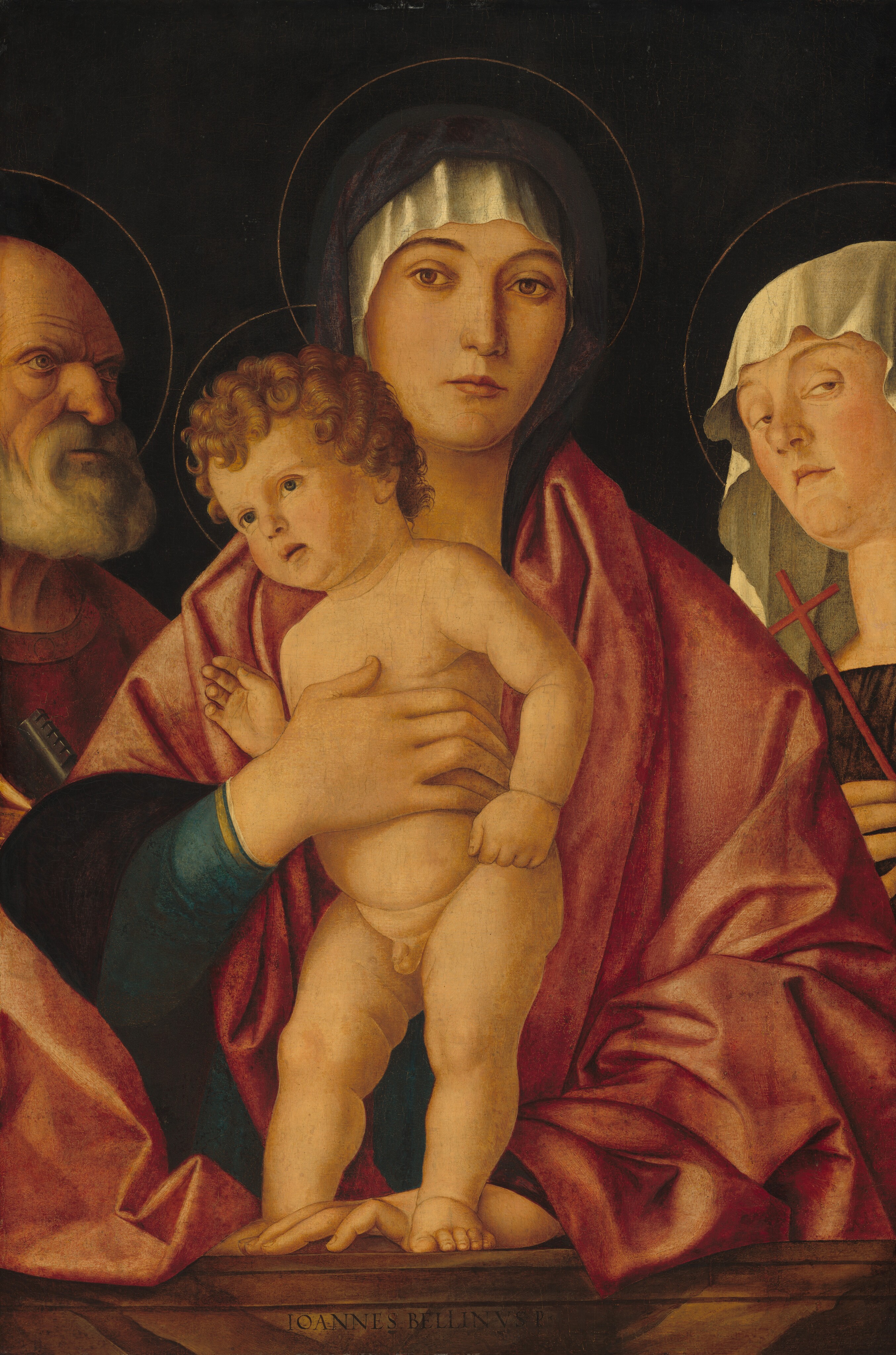 The painting depicts three adults and a child. The central adult, a woman, holds the child securely to her chest. The woman has pale skin and a white cloth covering her head, and she is wearing a dark cloak over a red robe. The child has curly light brown hair and is unclothed, looking towards the left. A bald man with a white beard, wearing a red garment and holding a key is on the left. On the right, another woman wears a white headscarf and a dark garment, holding a red cross. The background is dark, highlighting the people and their attire. All four of them have thin halos around their heads.
